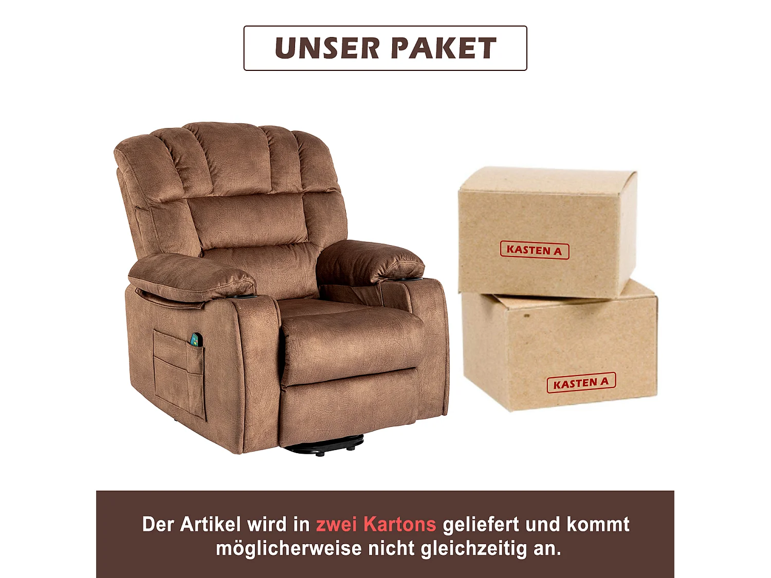 Elektrisch verstellbarer Massagesessel, Liegestuhl aus Stoff mit 2 Getränkehaltern, Seitentaschen und Fernbedienung für das Wohnzimmer, Braun