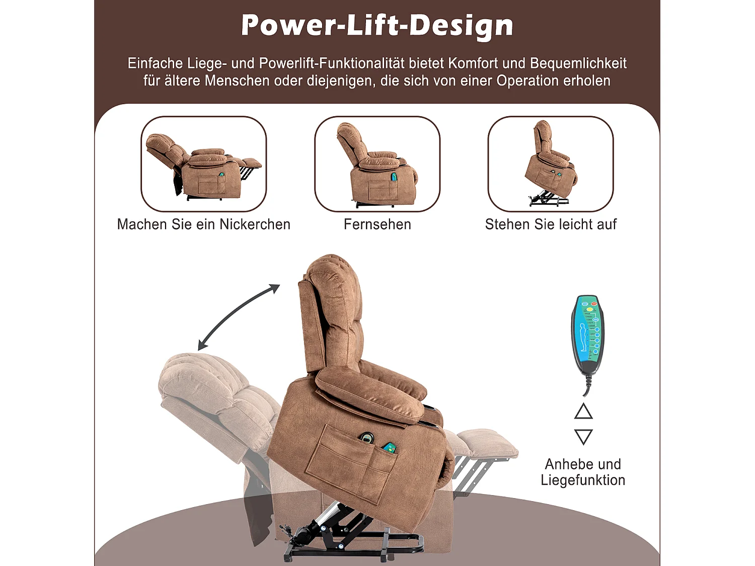 Elektrisch verstellbarer Massagesessel, Liegestuhl aus Stoff mit 2 Getränkehaltern, Seitentaschen und Fernbedienung für das Wohnzimmer, Braun