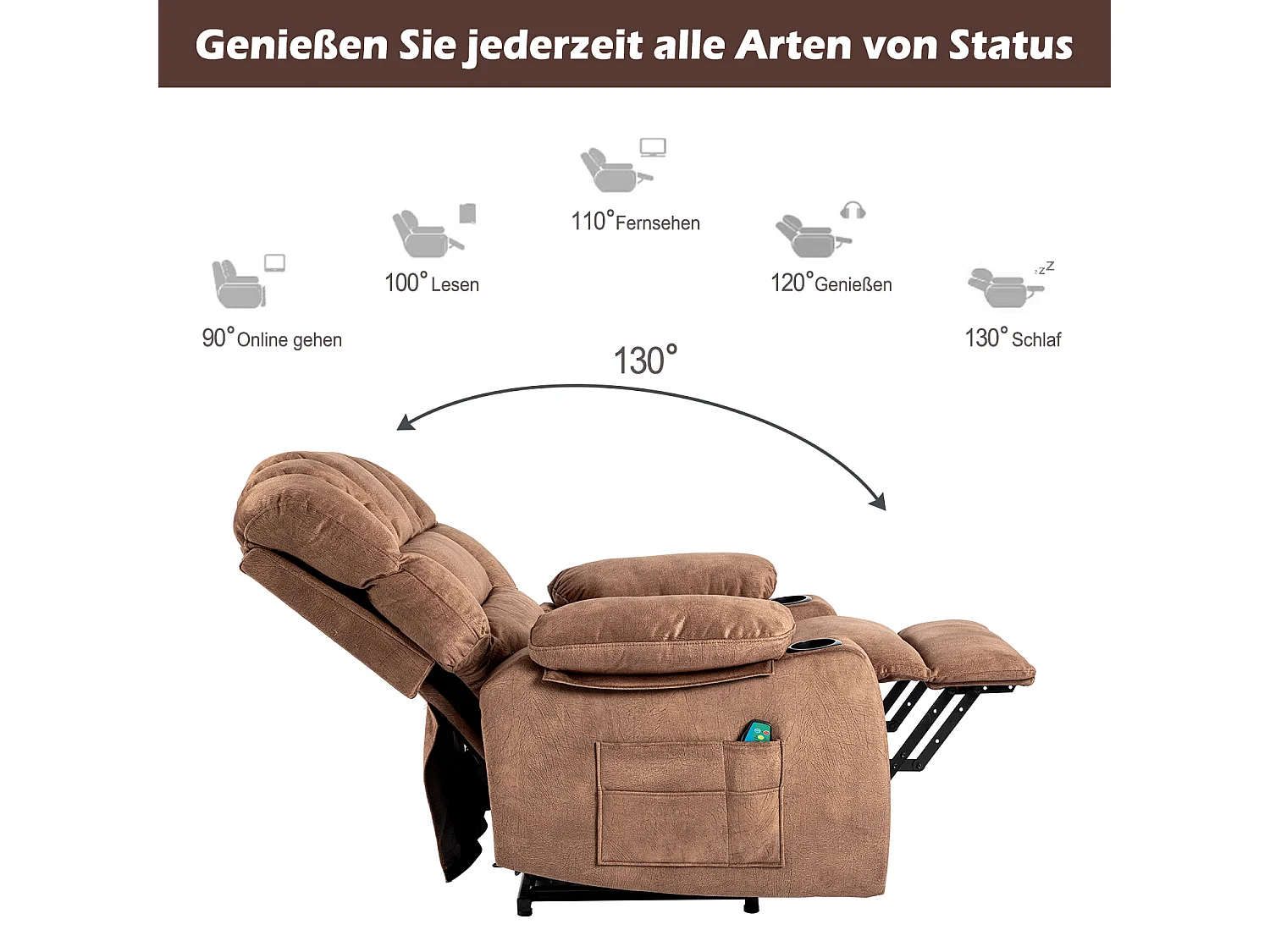Elektrisch verstellbarer Massagesessel, Liegestuhl aus Stoff mit 2 Getränkehaltern, Seitentaschen und Fernbedienung für das Wohnzimmer, Braun