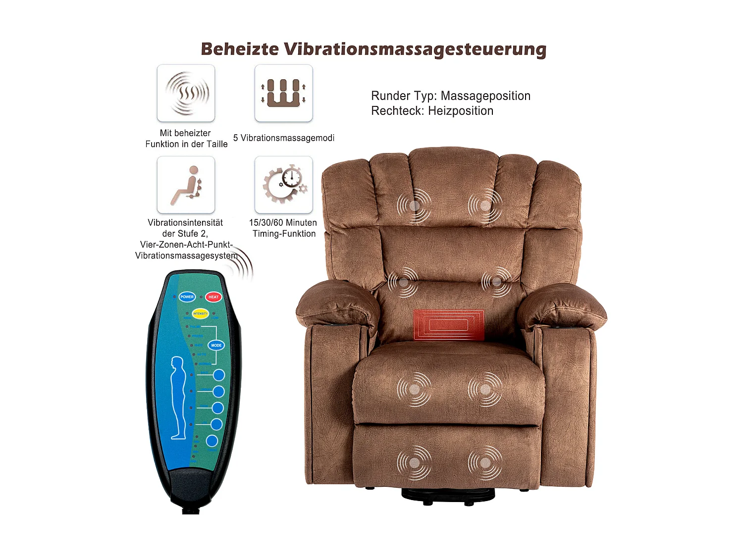 Elektrisch verstellbarer Massagesessel, Liegestuhl aus Stoff mit 2 Getränkehaltern, Seitentaschen und Fernbedienung für das Wohnzimmer, Braun