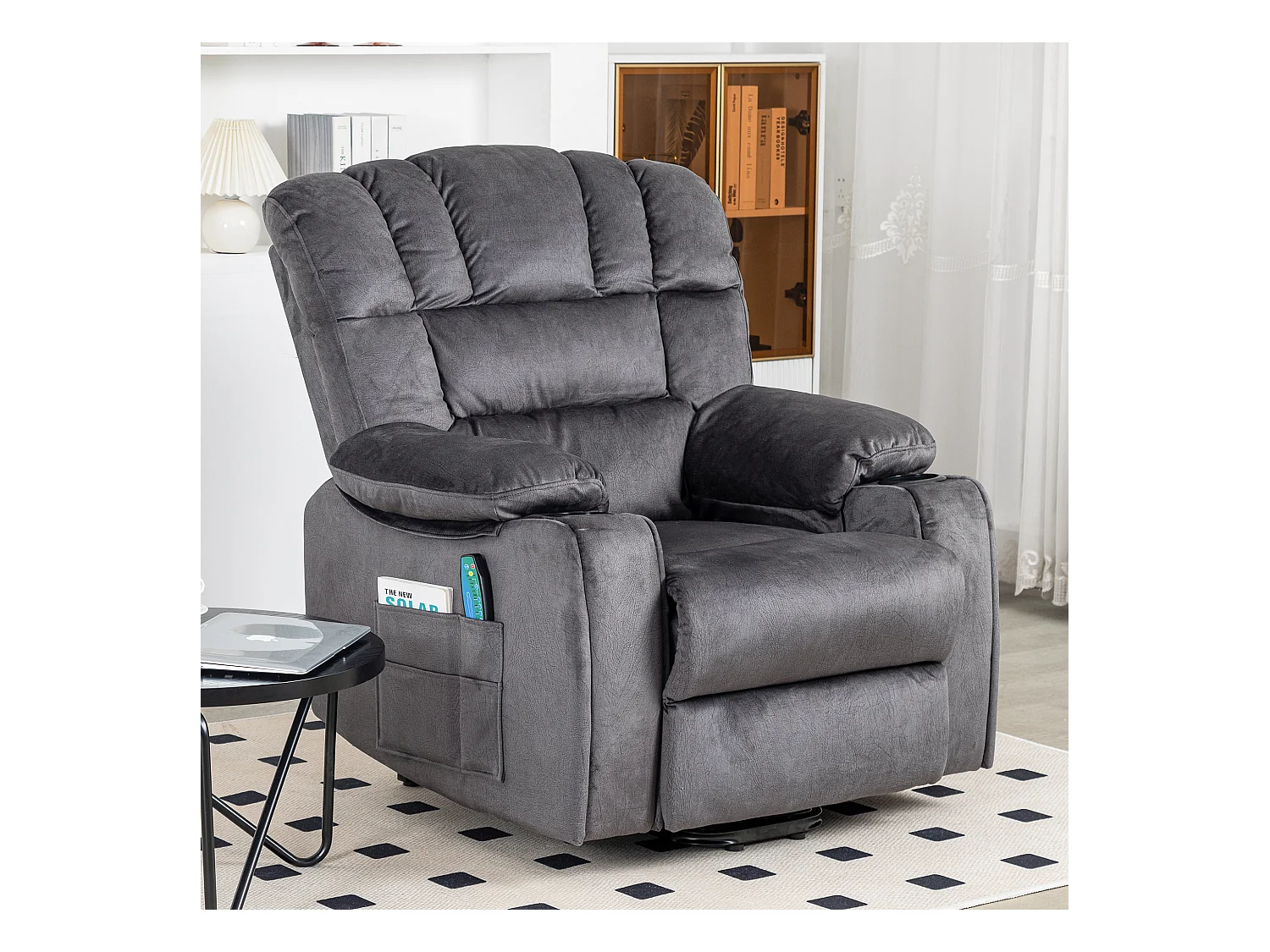 Elektrisch verstellbarer Massagesessel, Liegestuhl aus Stoff mit 2 Getränkehaltern, Seitentaschen und Fernbedienung für das Wohnzimmer, Grau