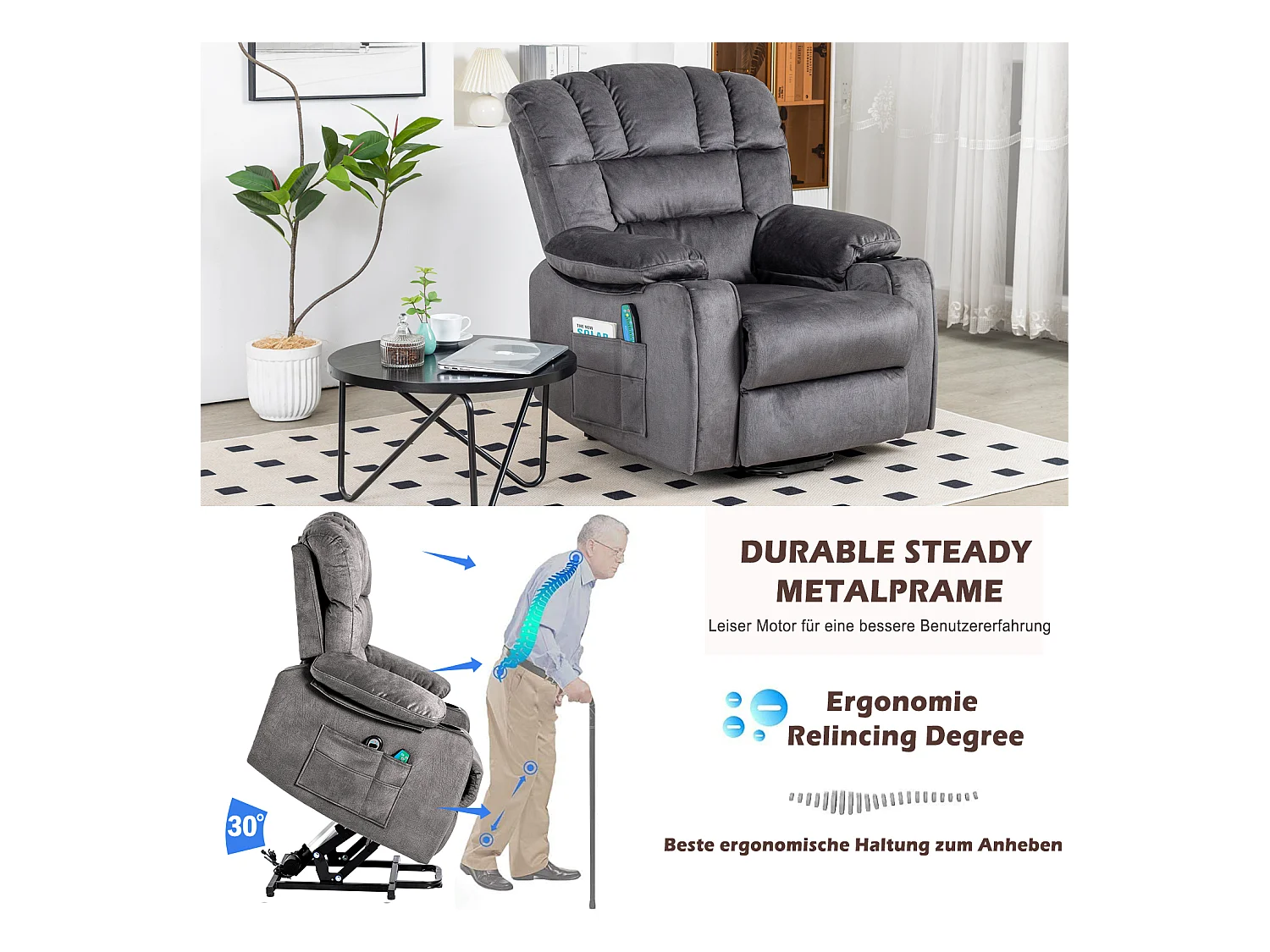 Elektrisch verstellbarer Massagesessel, Liegestuhl aus Stoff mit 2 Getränkehaltern, Seitentaschen und Fernbedienung für das Wohnzimmer, Grau