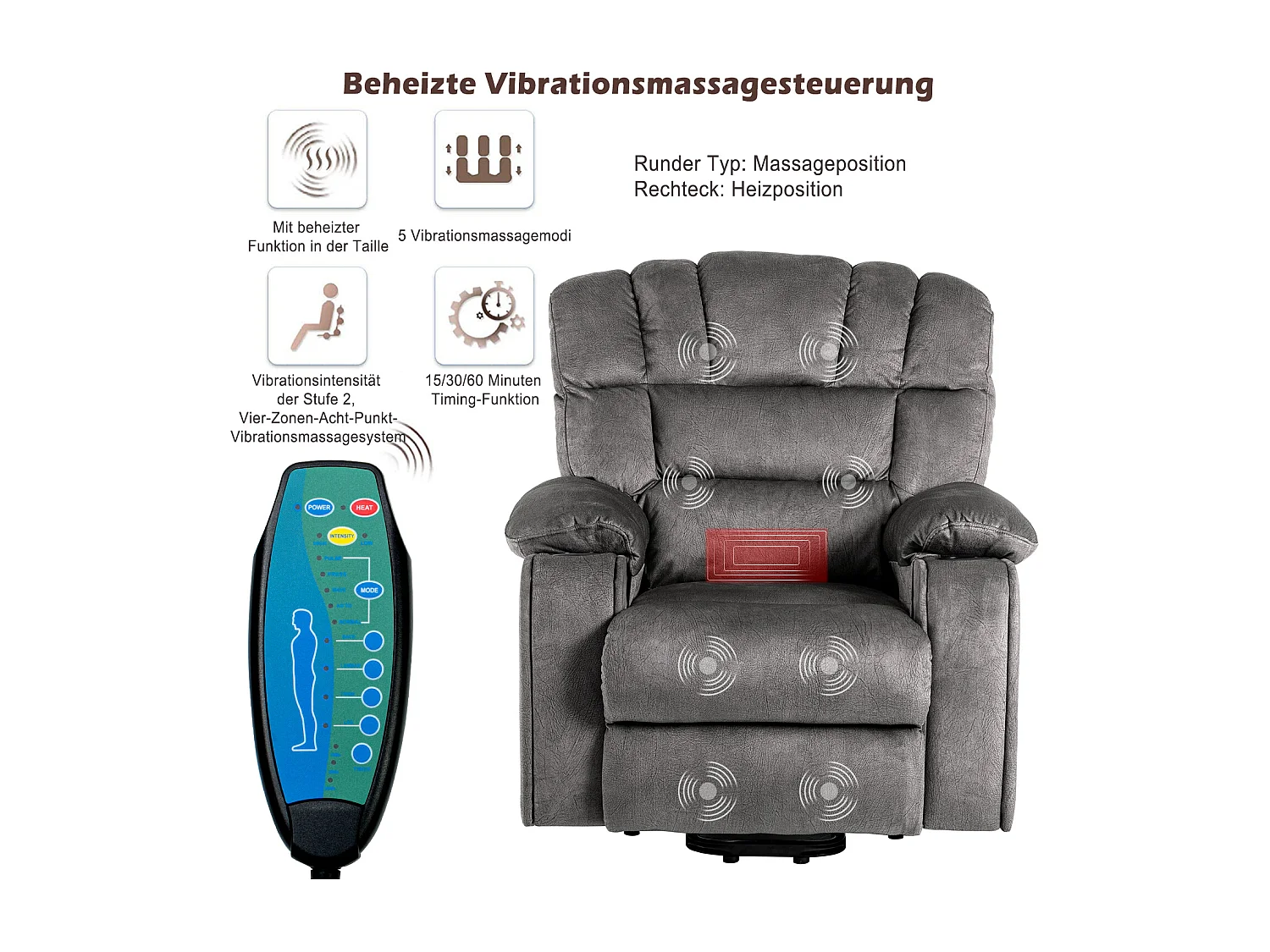 Elektrisch verstellbarer Massagesessel, Liegestuhl aus Stoff mit 2 Getränkehaltern, Seitentaschen und Fernbedienung für das Wohnzimmer, Grau
