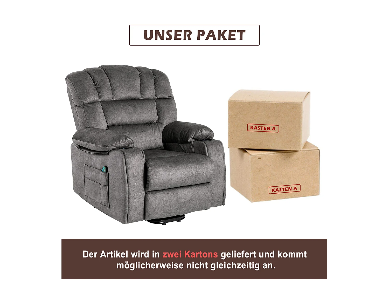 Elektrisch verstellbarer Massagesessel, Liegestuhl aus Stoff mit 2 Getränkehaltern, Seitentaschen und Fernbedienung für das Wohnzimmer, Grau