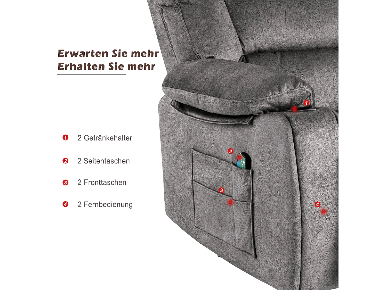 Elektrisch verstellbarer Massagesessel, Liegestuhl aus Stoff mit 2 Getränkehaltern, Seitentaschen und Fernbedienung für das Wohnzimmer, Grau