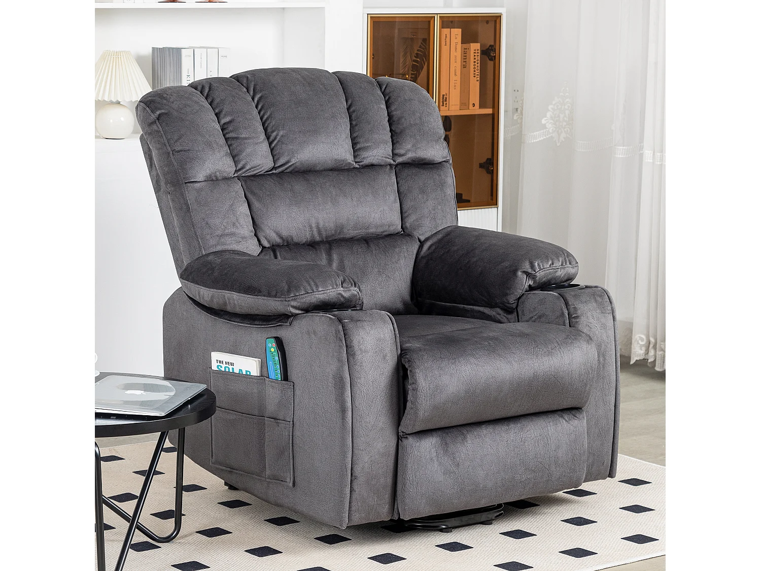 Fauteuil de massage à réglage électrique, fauteuil inclinable en tissu avec 2 porte-gobelets, poches latérales et télécommande pour salon, gris