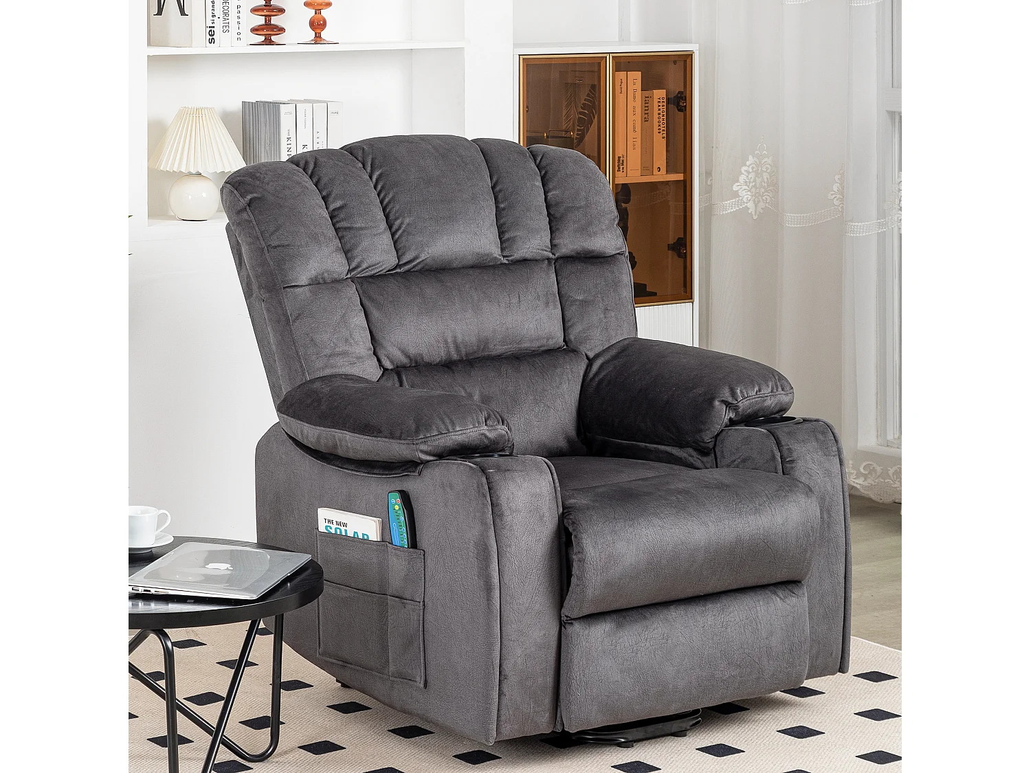 Fauteuil de massage à réglage électrique, fauteuil inclinable en tissu avec 2 porte-gobelets, poches latérales et télécommande pour salon, gris