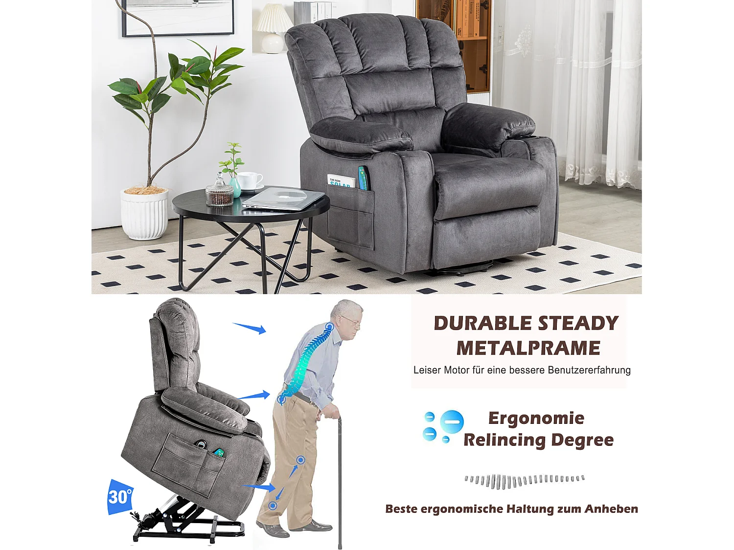 Fauteuil de massage à réglage électrique, fauteuil inclinable en tissu avec 2 porte-gobelets, poches latérales et télécommande pour salon, gris