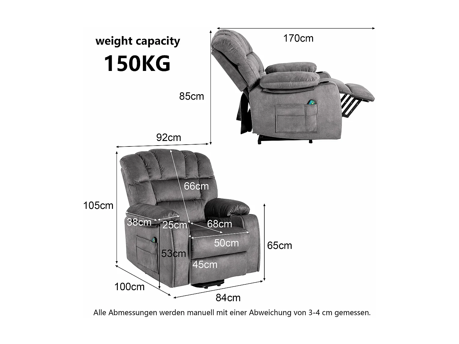 Fauteuil de massage à réglage électrique, fauteuil inclinable en tissu avec 2 porte-gobelets, poches latérales et télécommande pour salon, gris