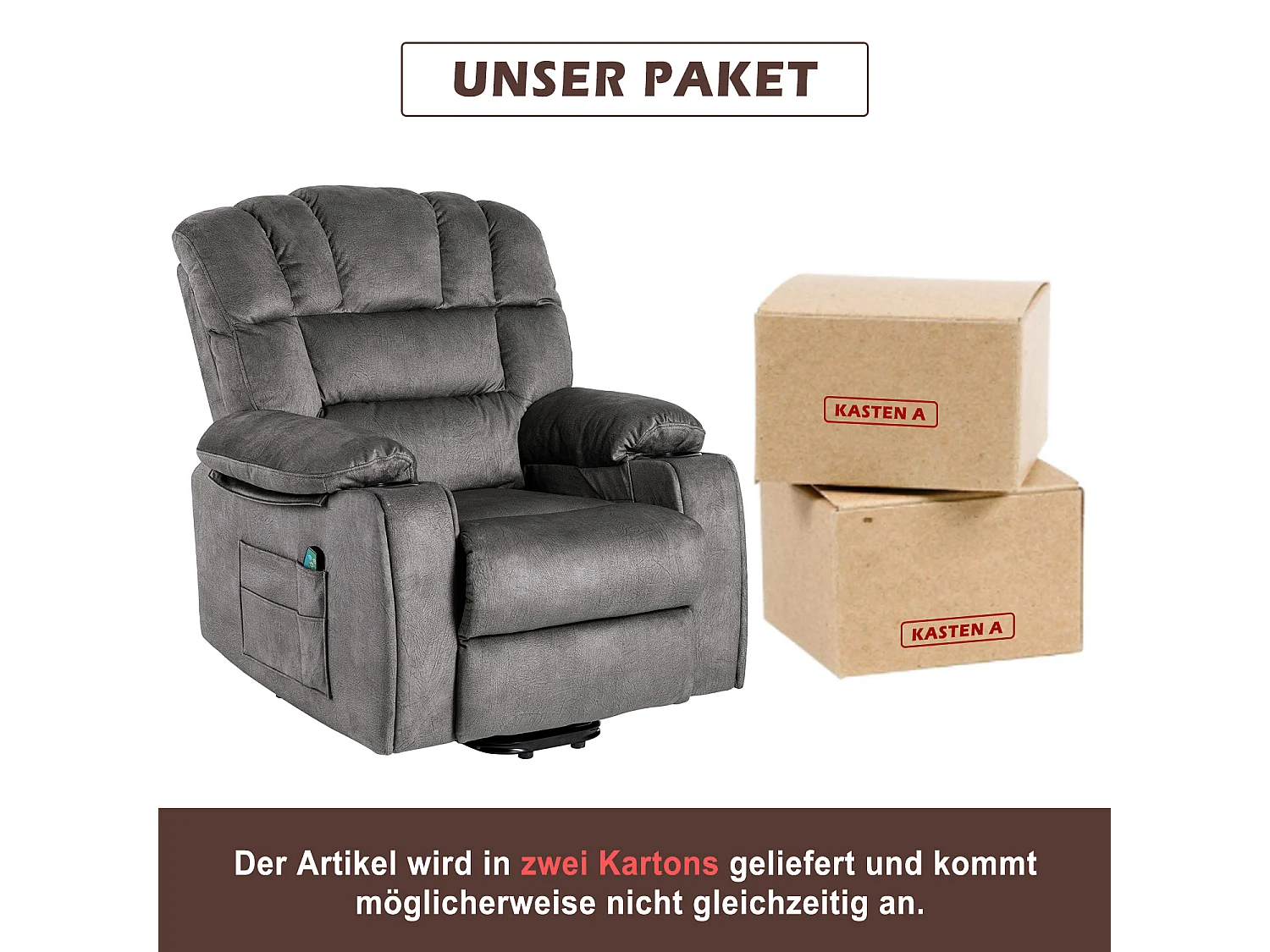 Fauteuil de massage à réglage électrique, fauteuil inclinable en tissu avec 2 porte-gobelets, poches latérales et télécommande pour salon, gris