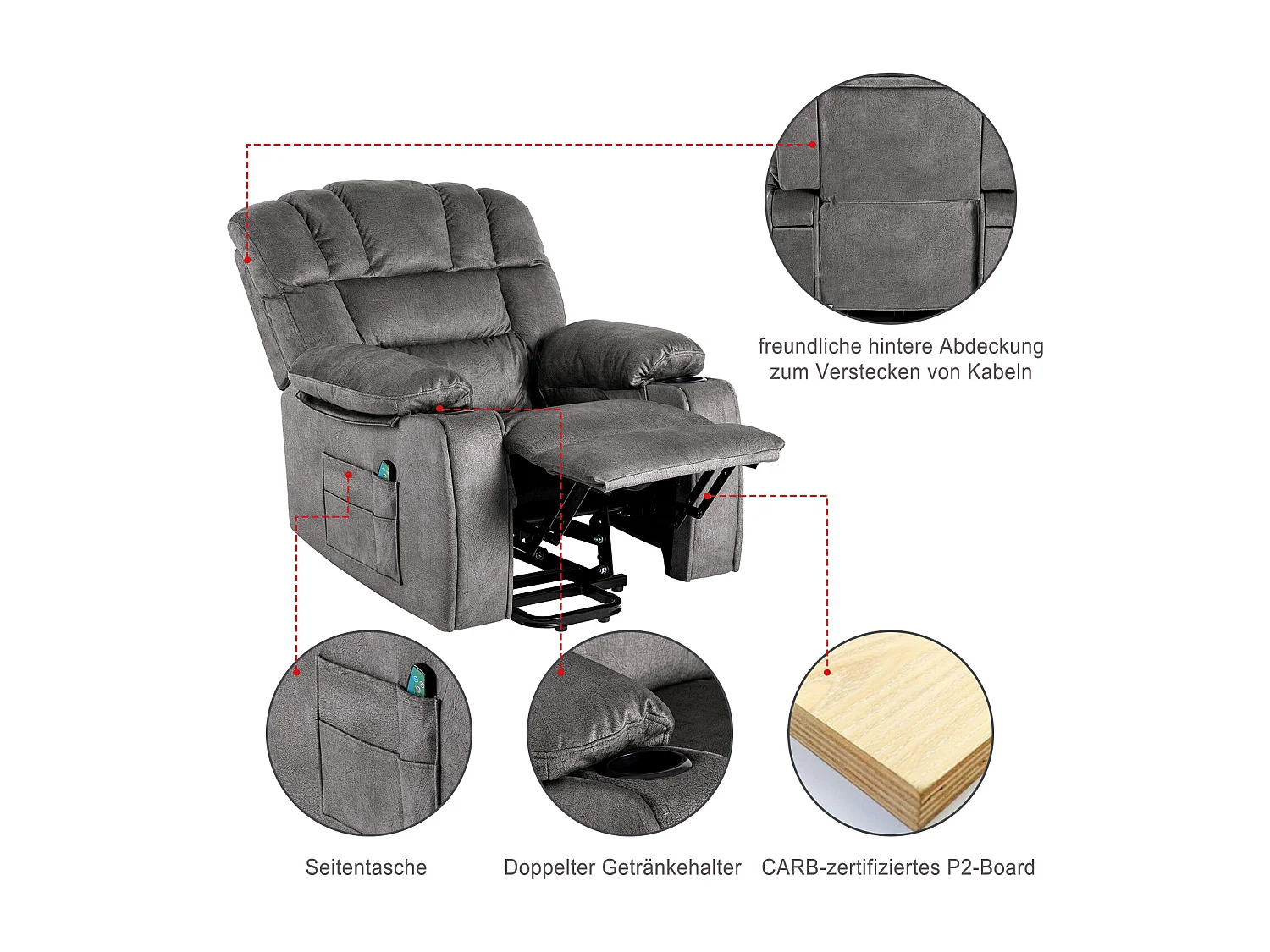Fauteuil de massage à réglage électrique, fauteuil inclinable en tissu avec 2 porte-gobelets, poches latérales et télécommande pour salon, gris