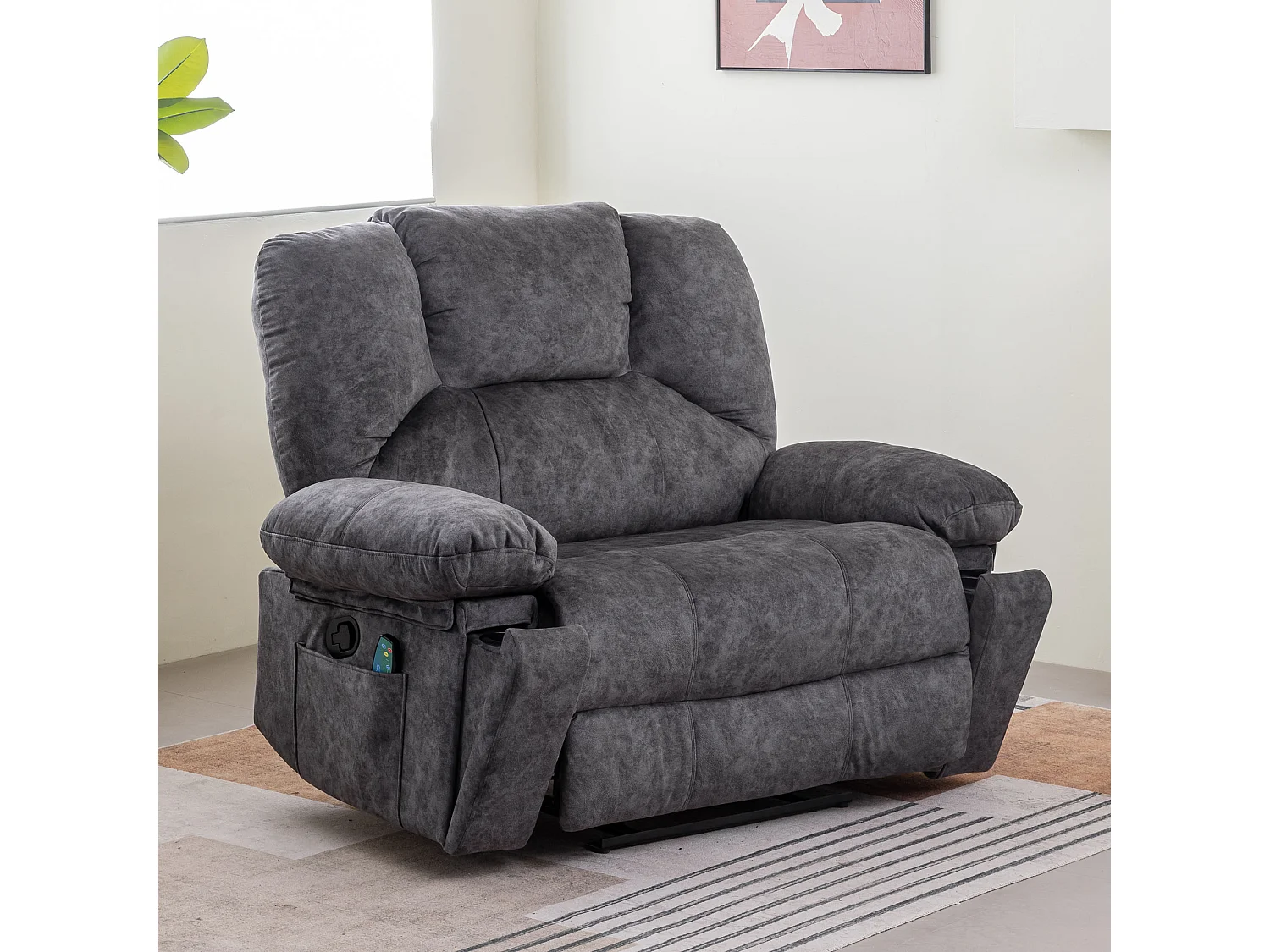 Manueller Massagestuhl mit 2 Getränkehaltern und 2 Taschen – Massage und Heizung – 115 x 68 x 105 cm – mit Stoff gepolstert – Grau