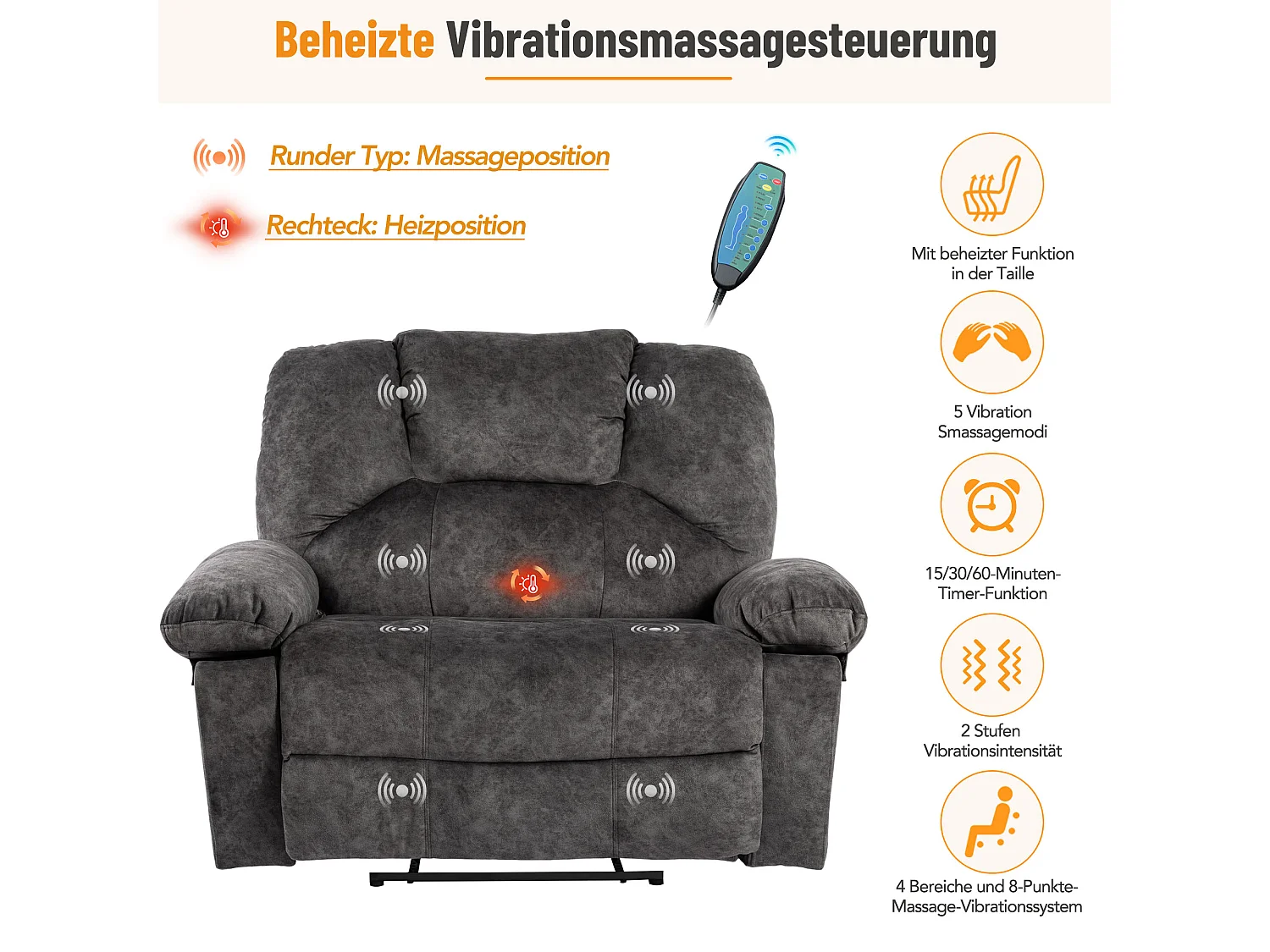 Manueller Massagestuhl mit 2 Getränkehaltern und 2 Taschen – Massage und Heizung – 115 x 68 x 105 cm – mit Stoff gepolstert – Grau