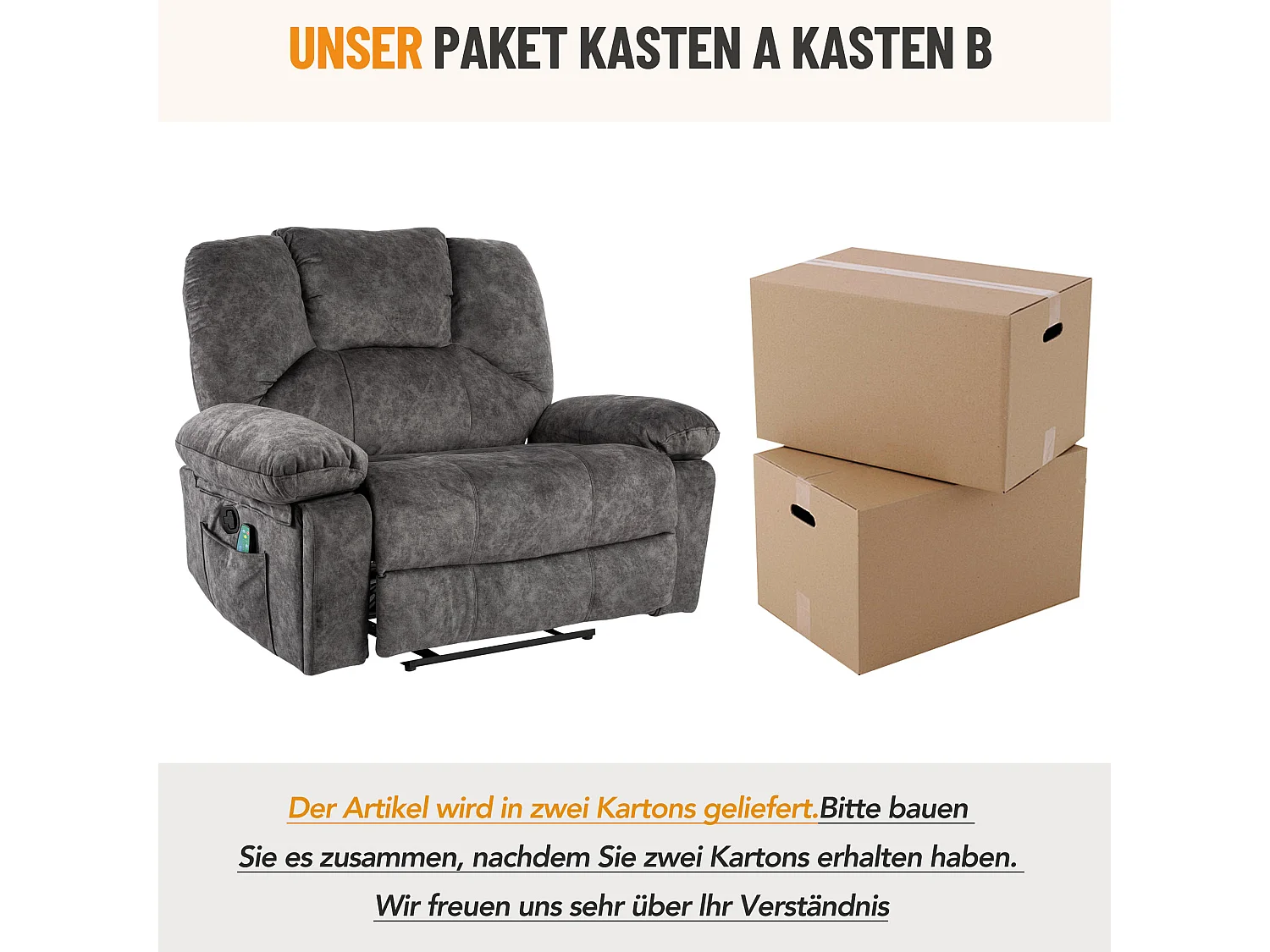 Manueller Massagestuhl mit 2 Getränkehaltern und 2 Taschen – Massage und Heizung – 115 x 68 x 105 cm – mit Stoff gepolstert – Grau