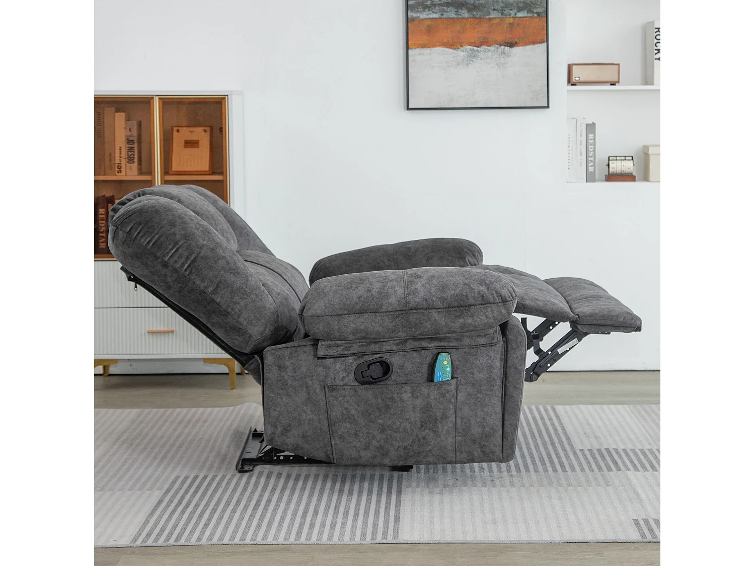 Manueller Massagestuhl mit 2 Getränkehaltern und 2 Taschen – Massage und Heizung – 115 x 68 x 105 cm – mit Stoff gepolstert – Grau