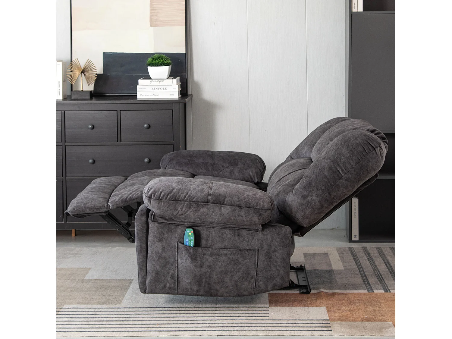 Manueller Massagestuhl mit 2 Getränkehaltern und 2 Taschen – Massage und Heizung – 115 x 68 x 105 cm – mit Stoff gepolstert – Grau