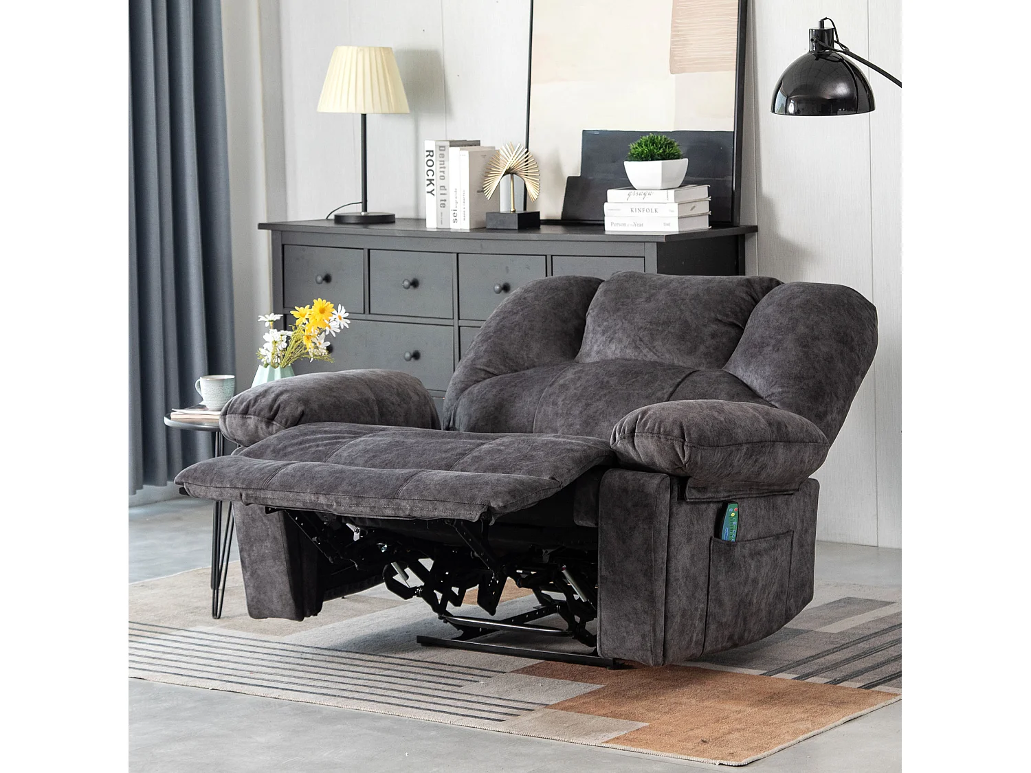 Manueller Massagestuhl mit 2 Getränkehaltern und 2 Taschen – Massage und Heizung – 115 x 68 x 105 cm – mit Stoff gepolstert – Grau