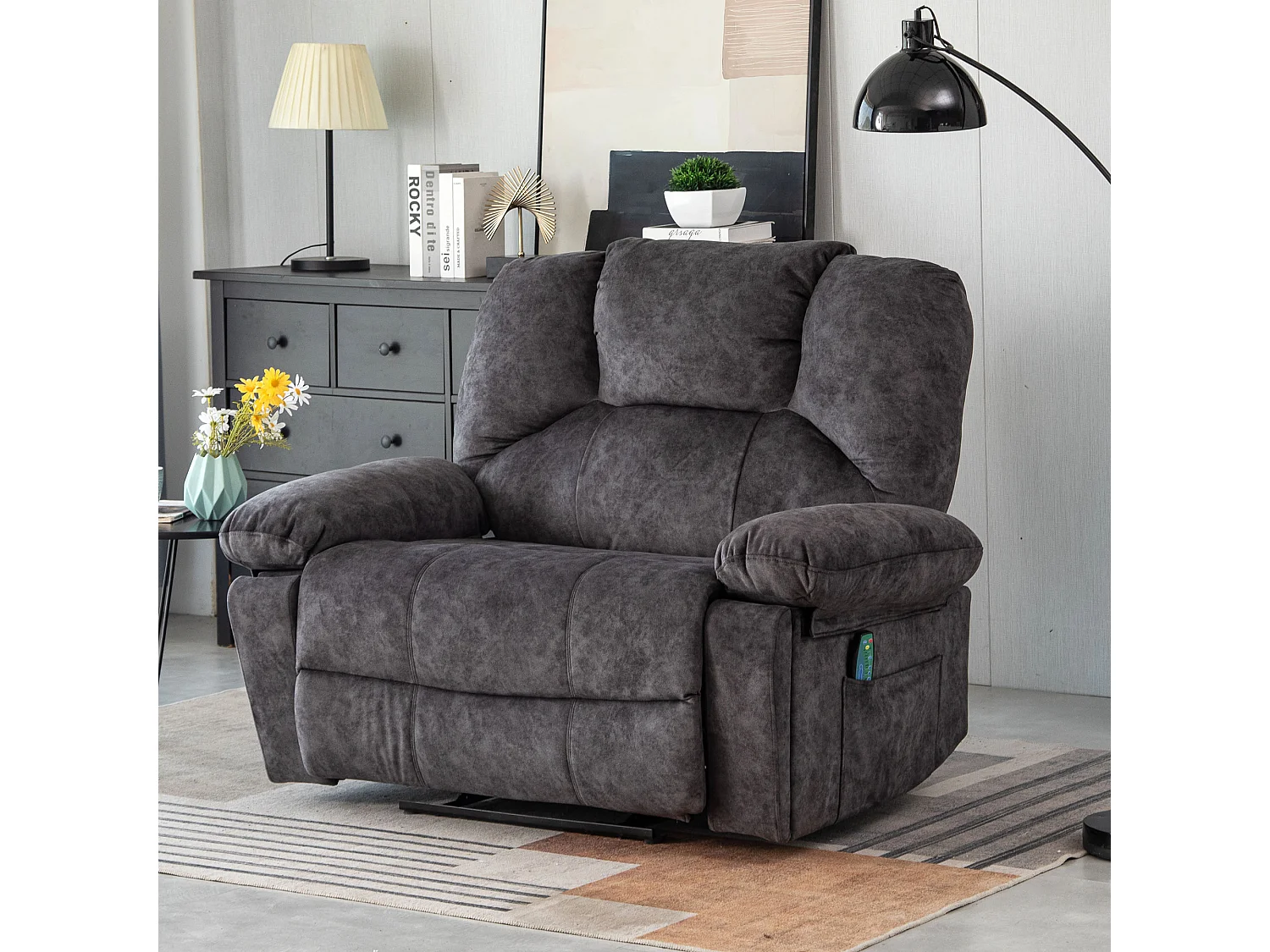 Manueller Massagestuhl mit 2 Getränkehaltern und 2 Taschen – Massage und Heizung – 115 x 68 x 105 cm – mit Stoff gepolstert – Grau