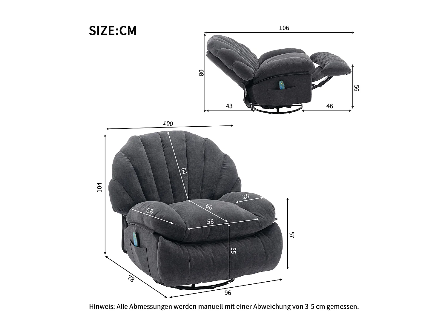 360° drehbarer Massagesessel mit 2 Taschen – Stoffgepolsterter Entspannungssessel – Grau