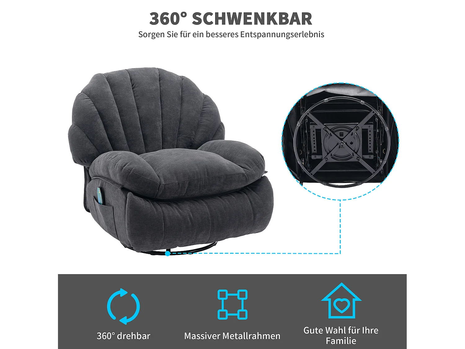 360° drehbarer Massagesessel mit 2 Taschen – Stoffgepolsterter Entspannungssessel – Grau