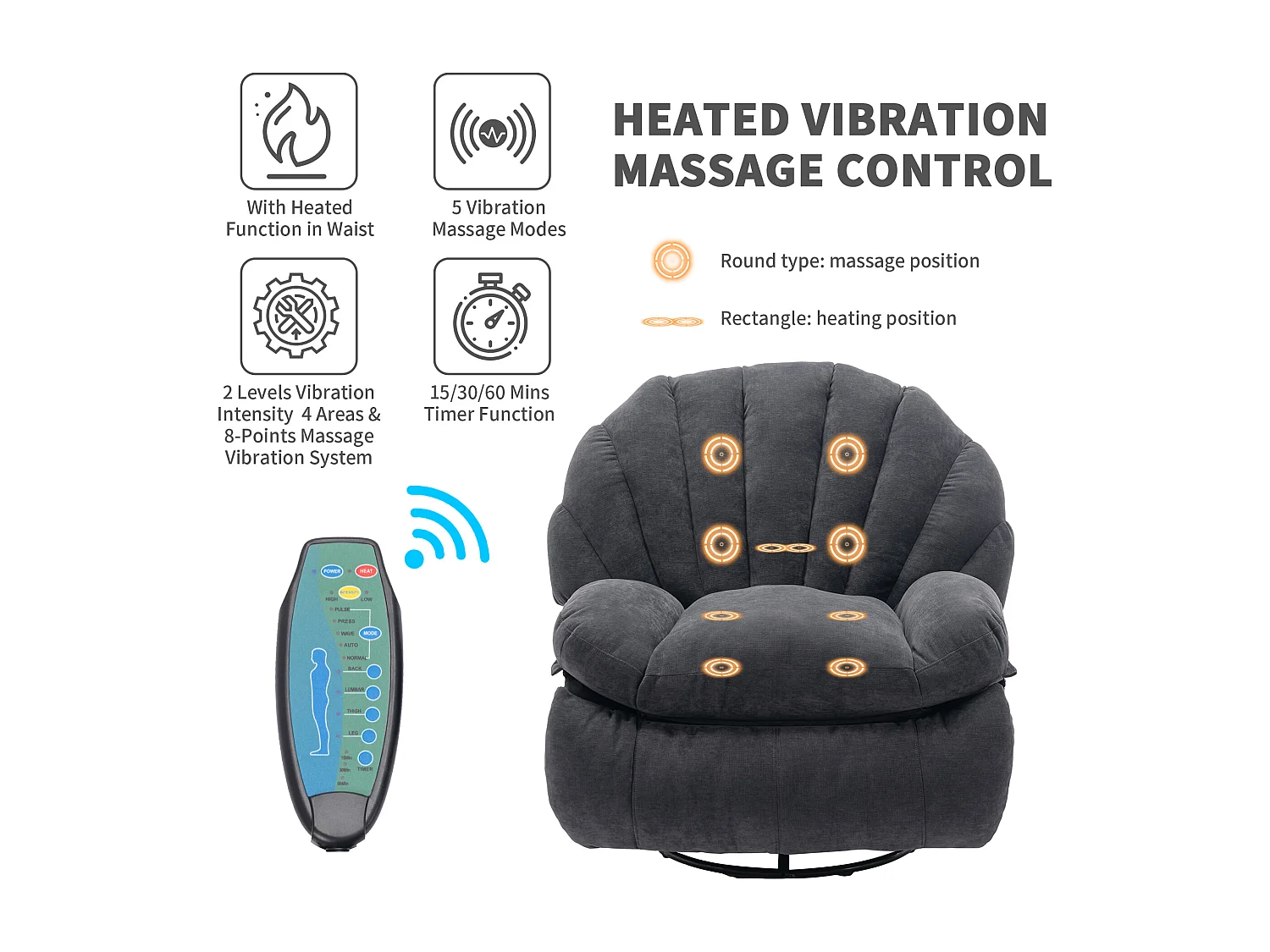 360° drehbarer Massagesessel mit 2 Taschen – Stoffgepolsterter Entspannungssessel – Grau
