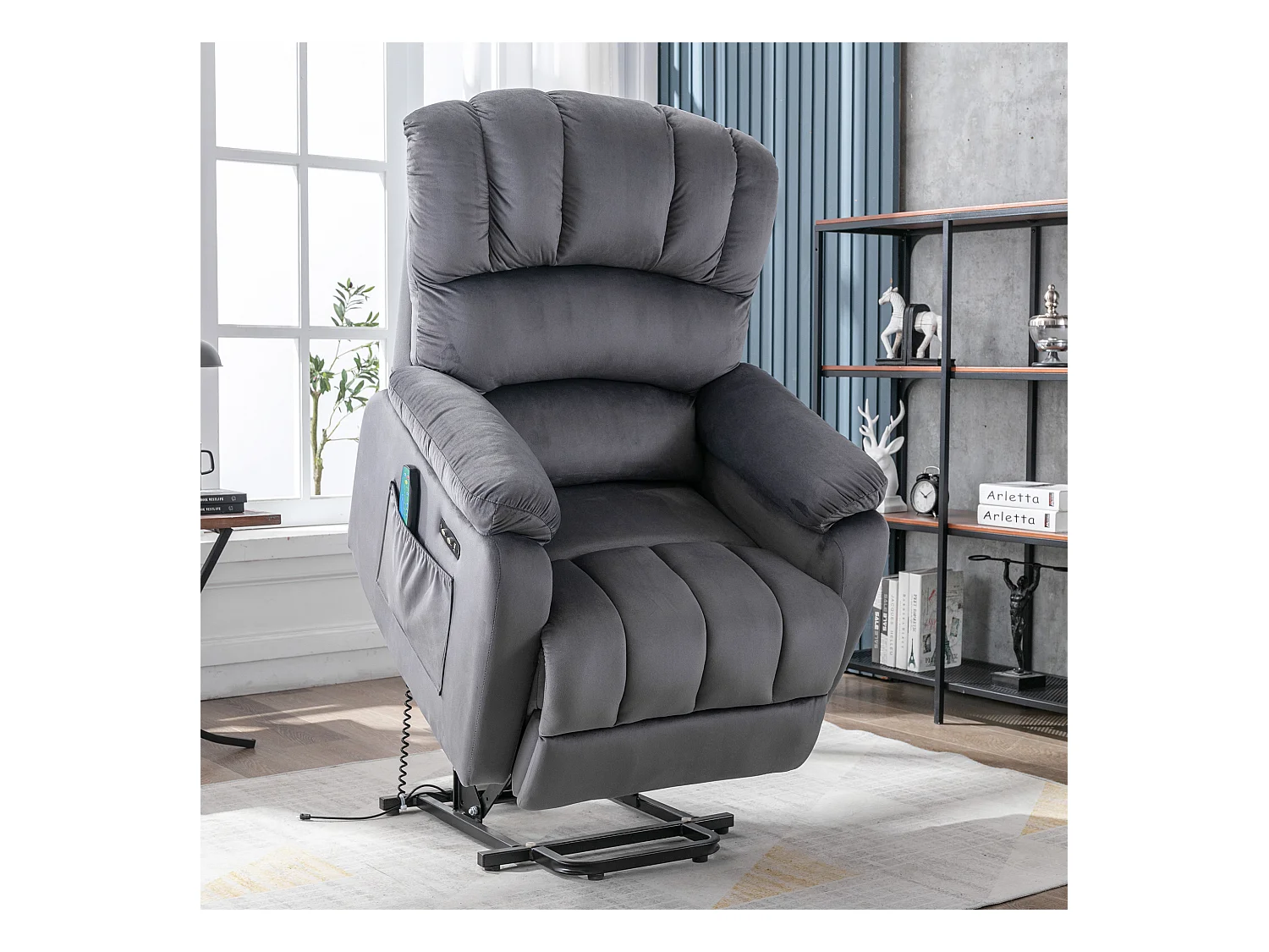 Cadeira de relaxamento elétrica com função de massagem, poltrona reclinável 160°, estofada em tecido cinza