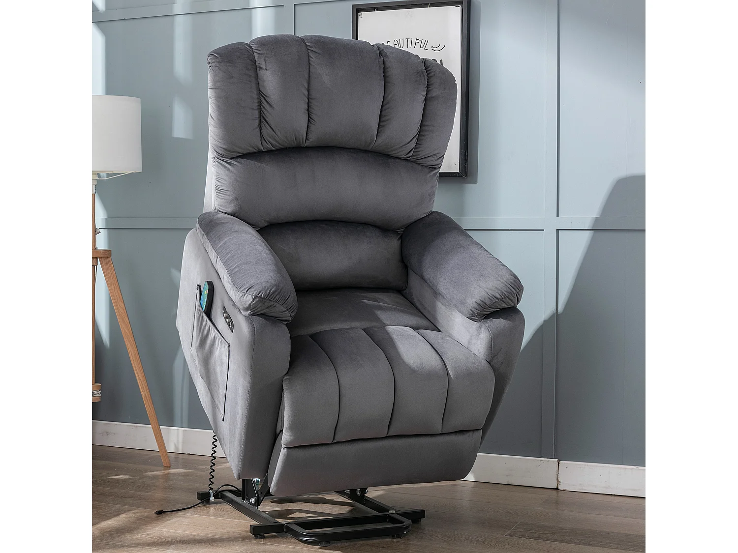 Cadeira de relaxamento elétrica com função de massagem, poltrona reclinável 160°, estofada em tecido cinza