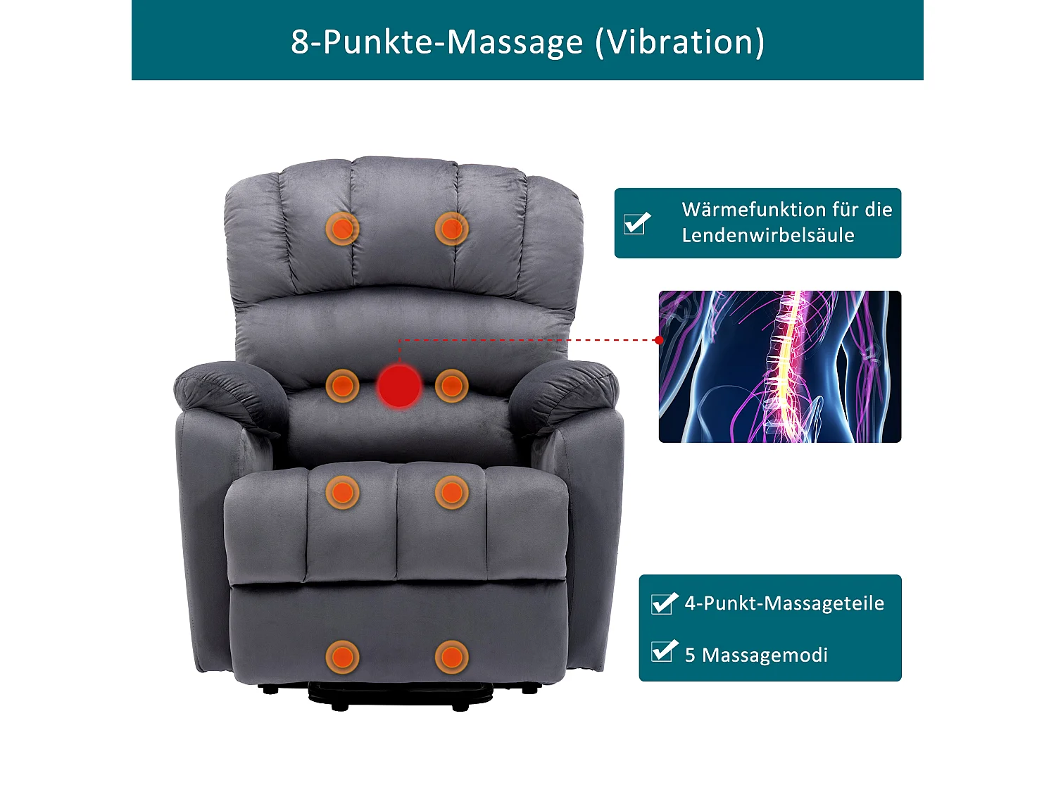 Cadeira de relaxamento elétrica com função de massagem, poltrona reclinável 160°, estofada em tecido cinza