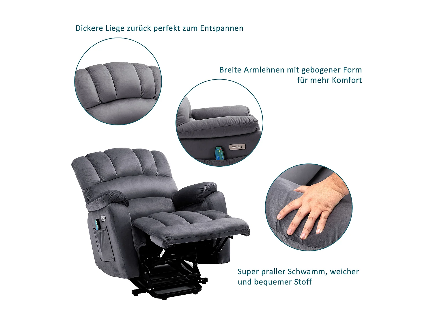 Cadeira de relaxamento elétrica com função de massagem, poltrona reclinável 160°, estofada em tecido cinza