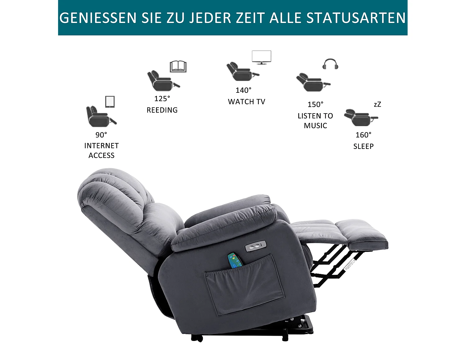 Cadeira de relaxamento elétrica com função de massagem, poltrona reclinável 160°, estofada em tecido cinza