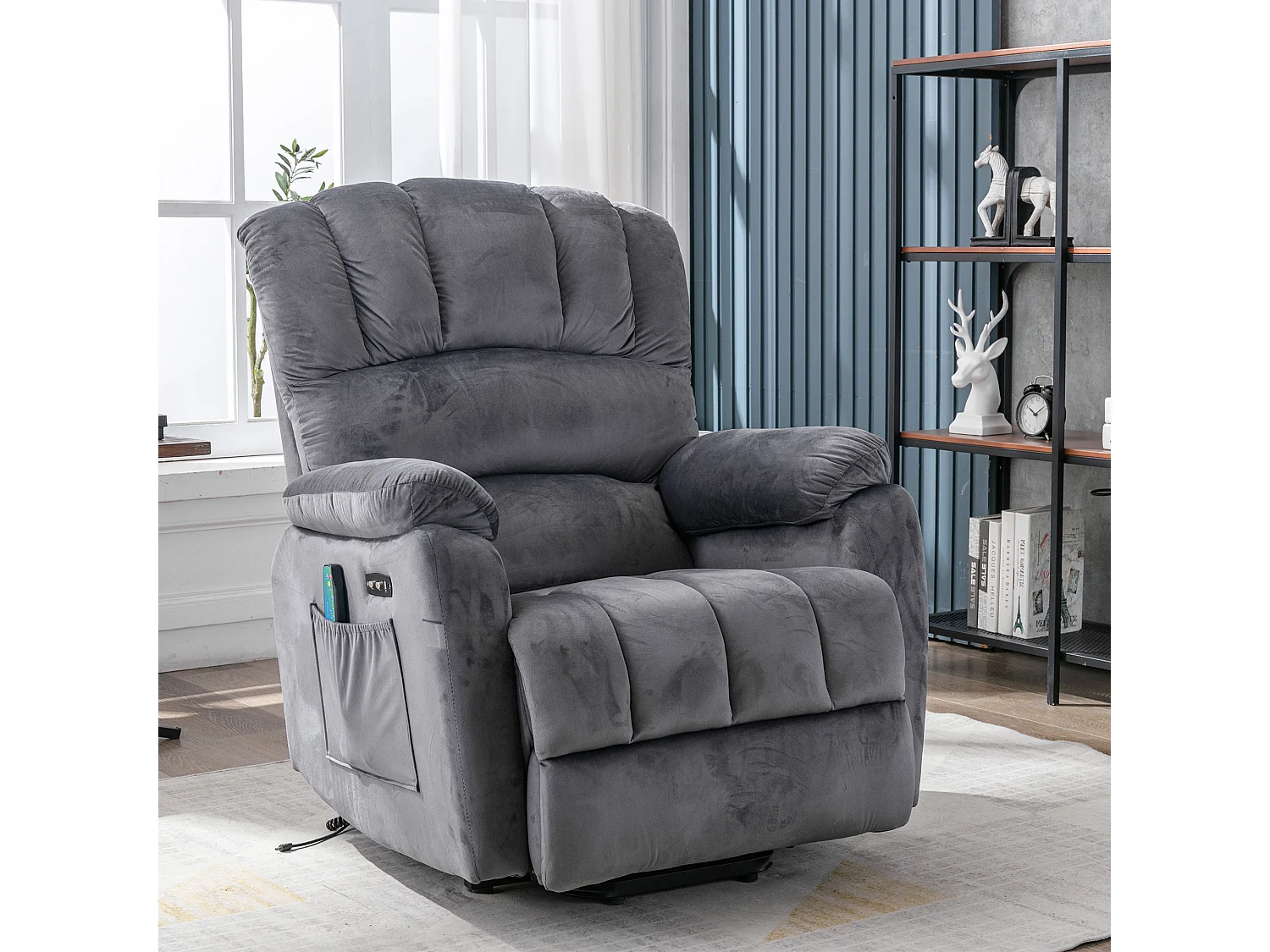 Cadeira de relaxamento elétrica com função de massagem, poltrona reclinável 160°, estofada em tecido cinza