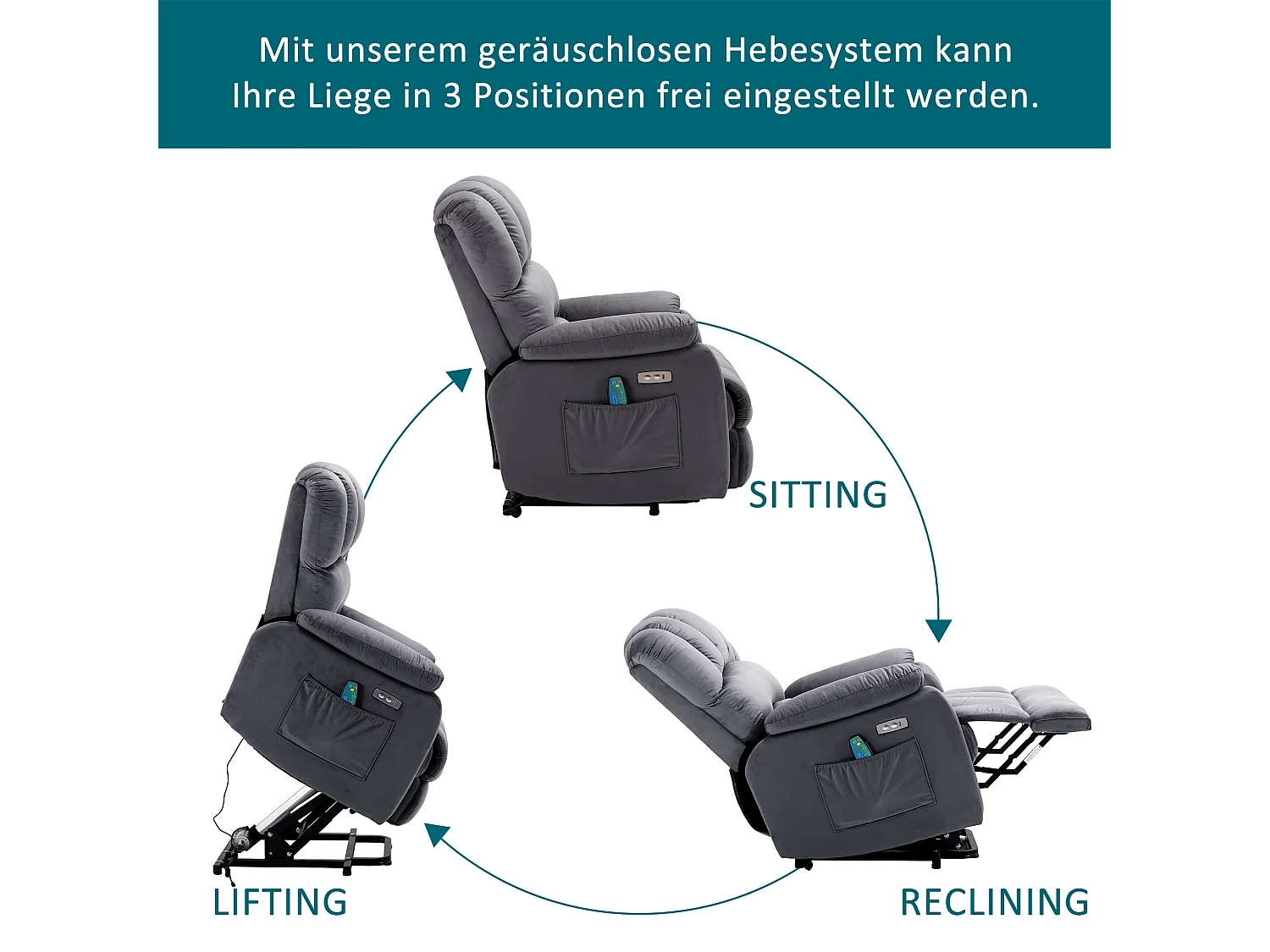 Cadeira de relaxamento elétrica com função de massagem, poltrona reclinável 160°, estofada em tecido cinza