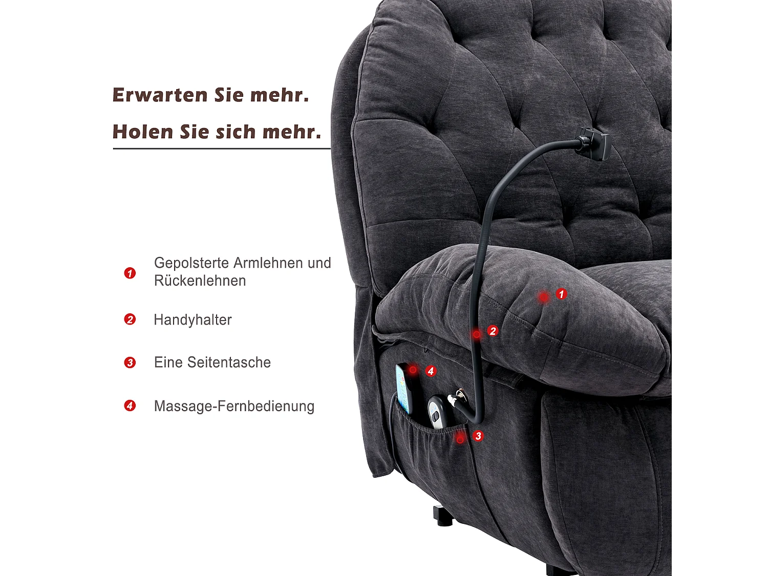 Poltrona relax elettrica in tessuto con porta cellulare, poltrona  massaggiante reclinabile in tessuto, grigia