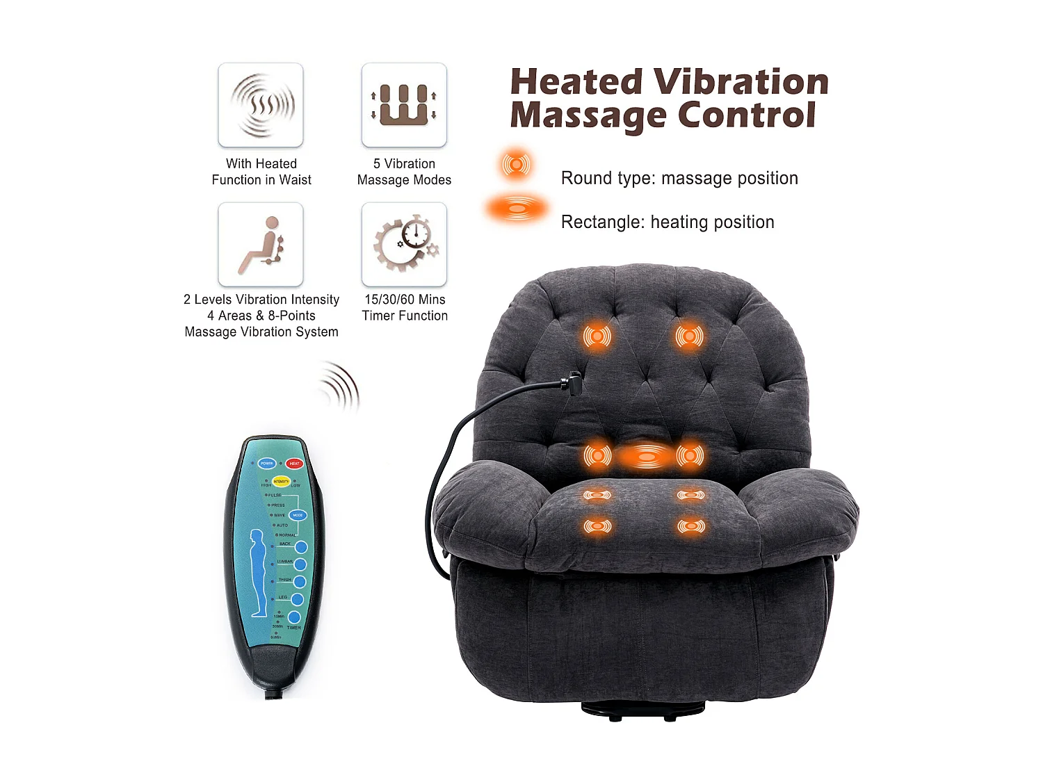 Fauteuil de relaxation électrique en tissu avec support pour téléphone portable, chaise de massage inclinable en tissu, gris