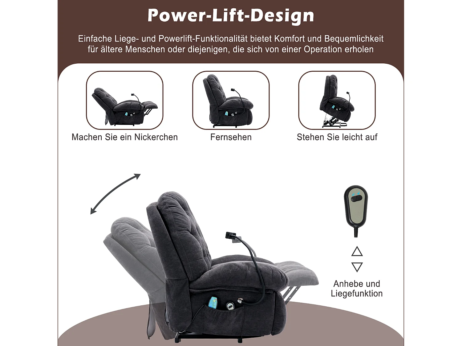 Fauteuil de relaxation électrique en tissu avec support pour téléphone portable, chaise de massage inclinable en tissu, gris