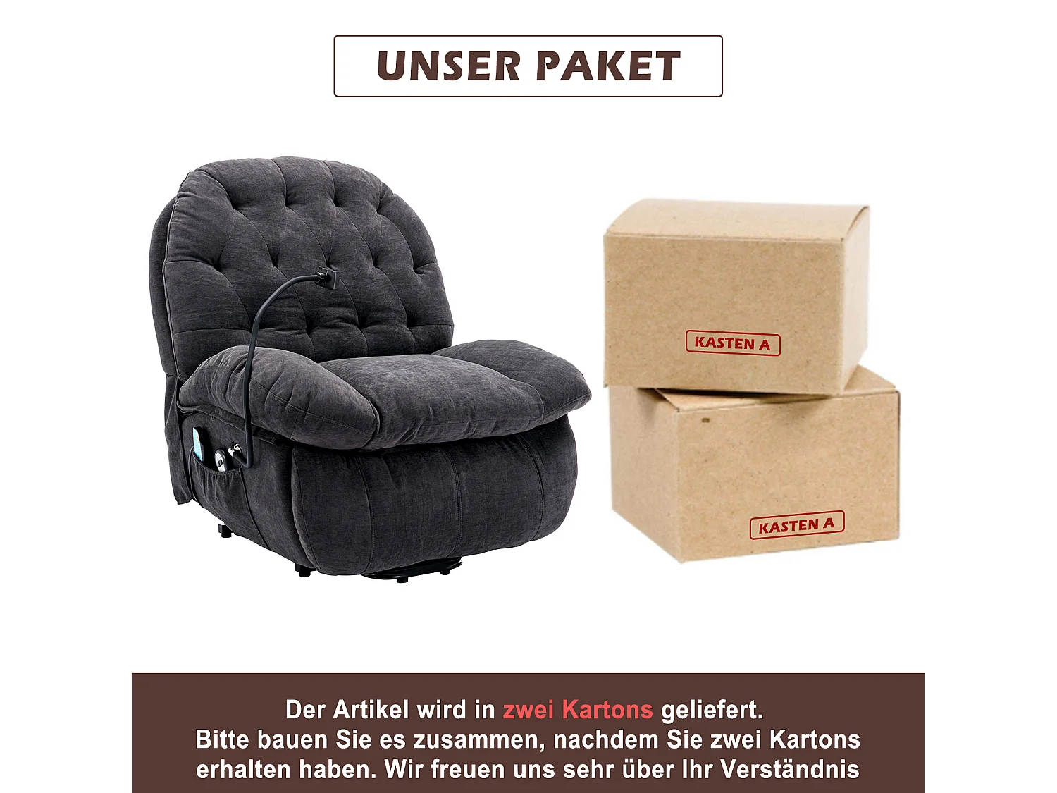 Fauteuil de relaxation électrique en tissu avec support pour téléphone portable, chaise de massage inclinable en tissu, gris