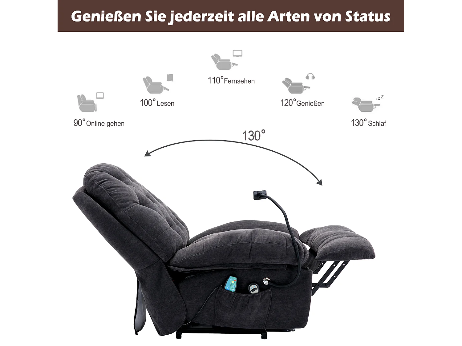 Fauteuil de relaxation électrique en tissu avec support pour téléphone portable, chaise de massage inclinable en tissu, gris