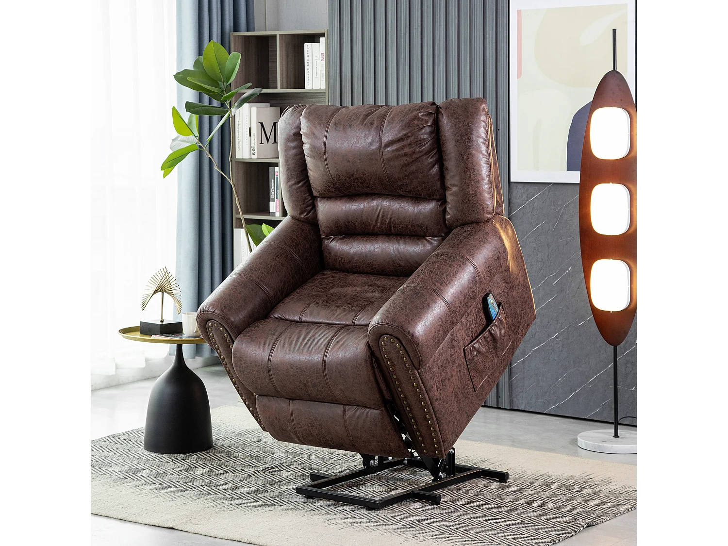 Poltrona massaggiante elettrica con supporto per stare in piedi e 2 tasche - imbottita in tessuto - funzione reclinabile e riscaldante - marrone
