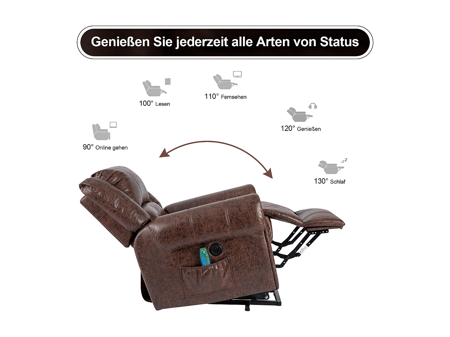 Poltrona massaggiante elettrica con supporto per stare in piedi e 2 tasche - imbottita in tessuto - funzione reclinabile e riscaldante - marrone