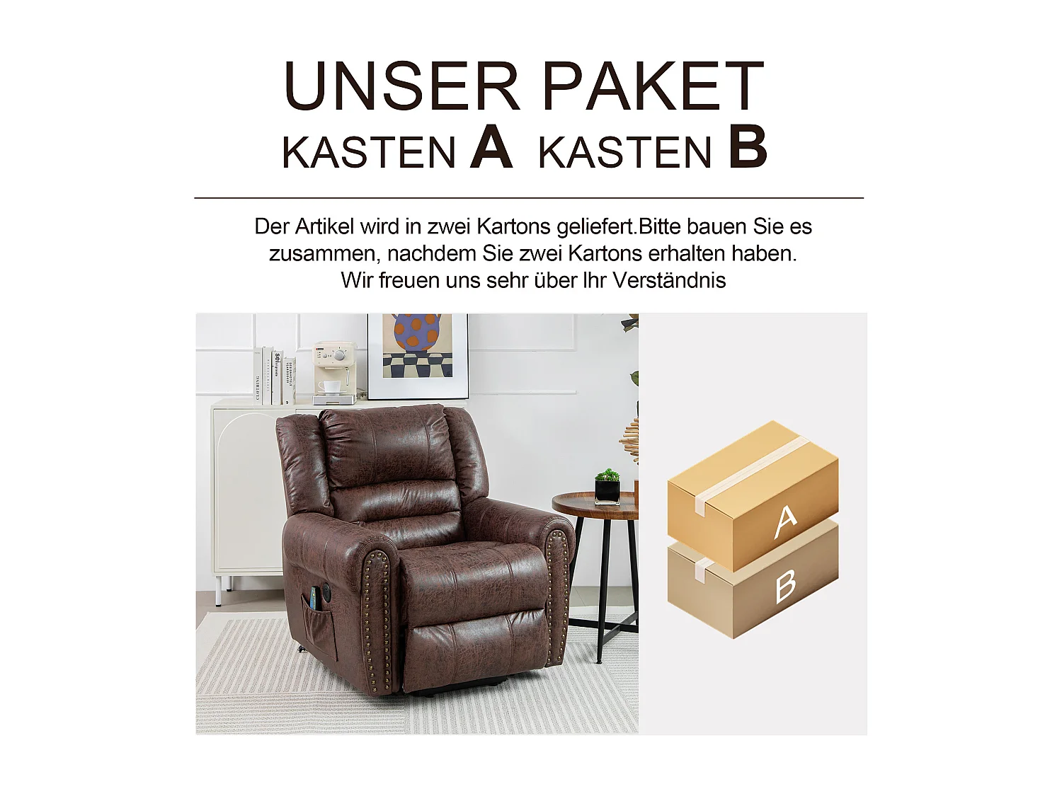 Poltrona massaggiante elettrica con supporto per stare in piedi e 2 tasche - imbottita in tessuto - funzione reclinabile e riscaldante - marrone