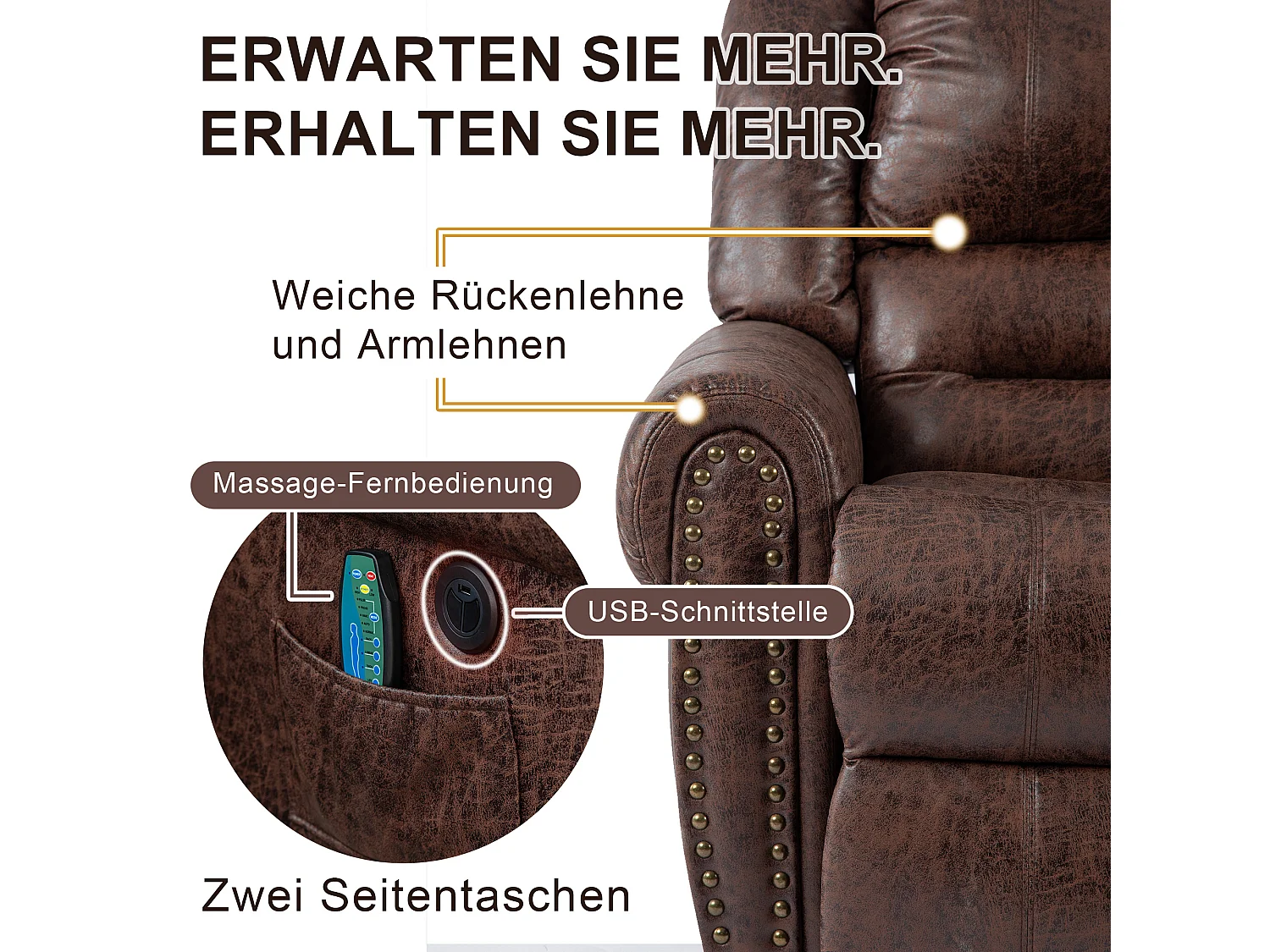 Poltrona massaggiante elettrica con supporto per stare in piedi e 2 tasche - imbottita in tessuto - funzione reclinabile e riscaldante - marrone