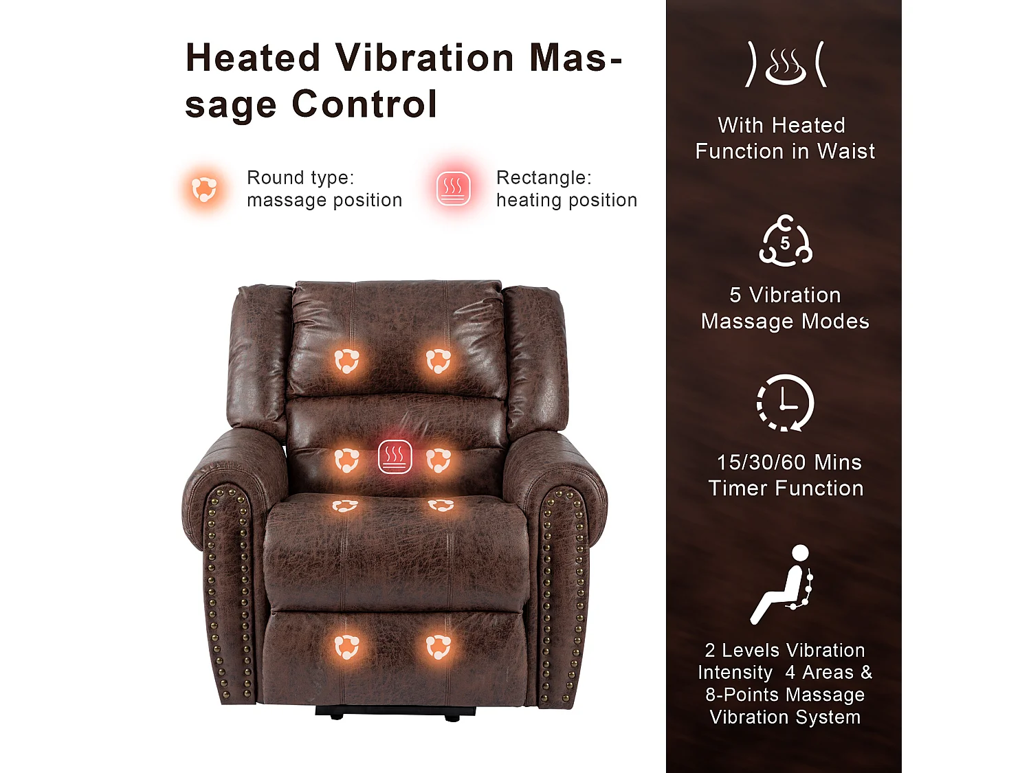Poltrona massaggiante elettrica con supporto per stare in piedi e 2 tasche - imbottita in tessuto - funzione reclinabile e riscaldante - marrone