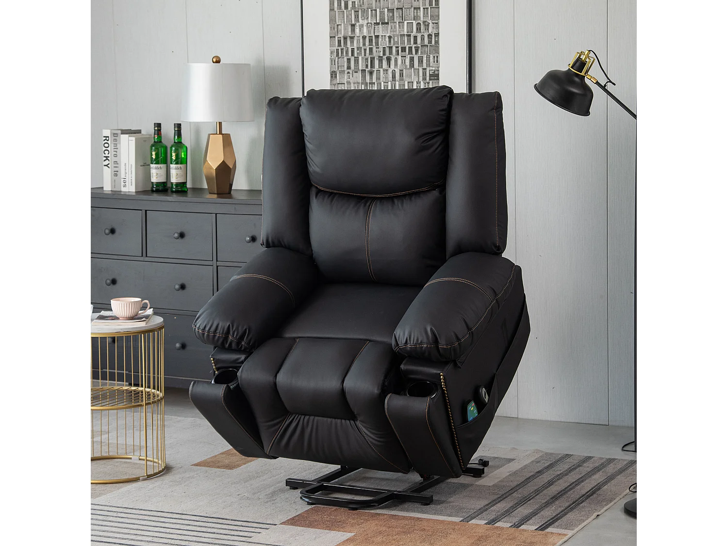 Cadeira de massagem elétrica confortável com 2 bolsos e 2 porta-copos - Massagem e Aquecimento - Couro PU - Preto