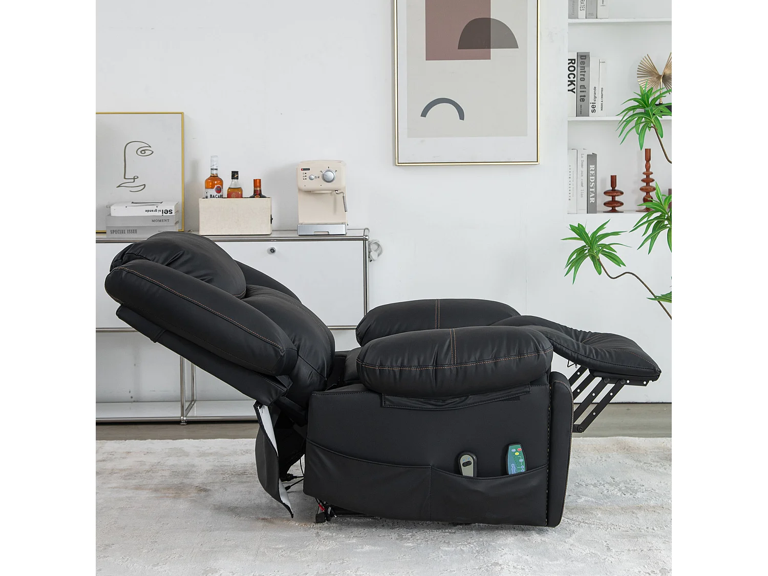 Cadeira de massagem elétrica confortável com 2 bolsos e 2 porta-copos - Massagem e Aquecimento - Couro PU - Preto