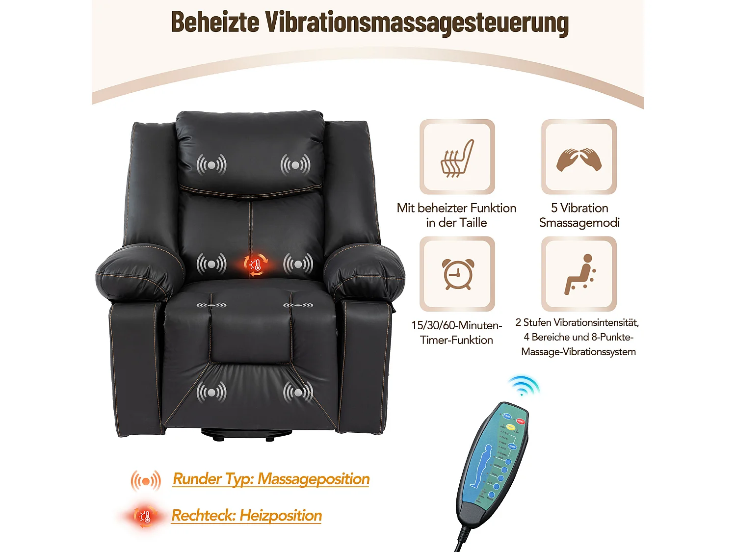 Cadeira de massagem elétrica confortável com 2 bolsos e 2 porta-copos - Massagem e Aquecimento - Couro PU - Preto