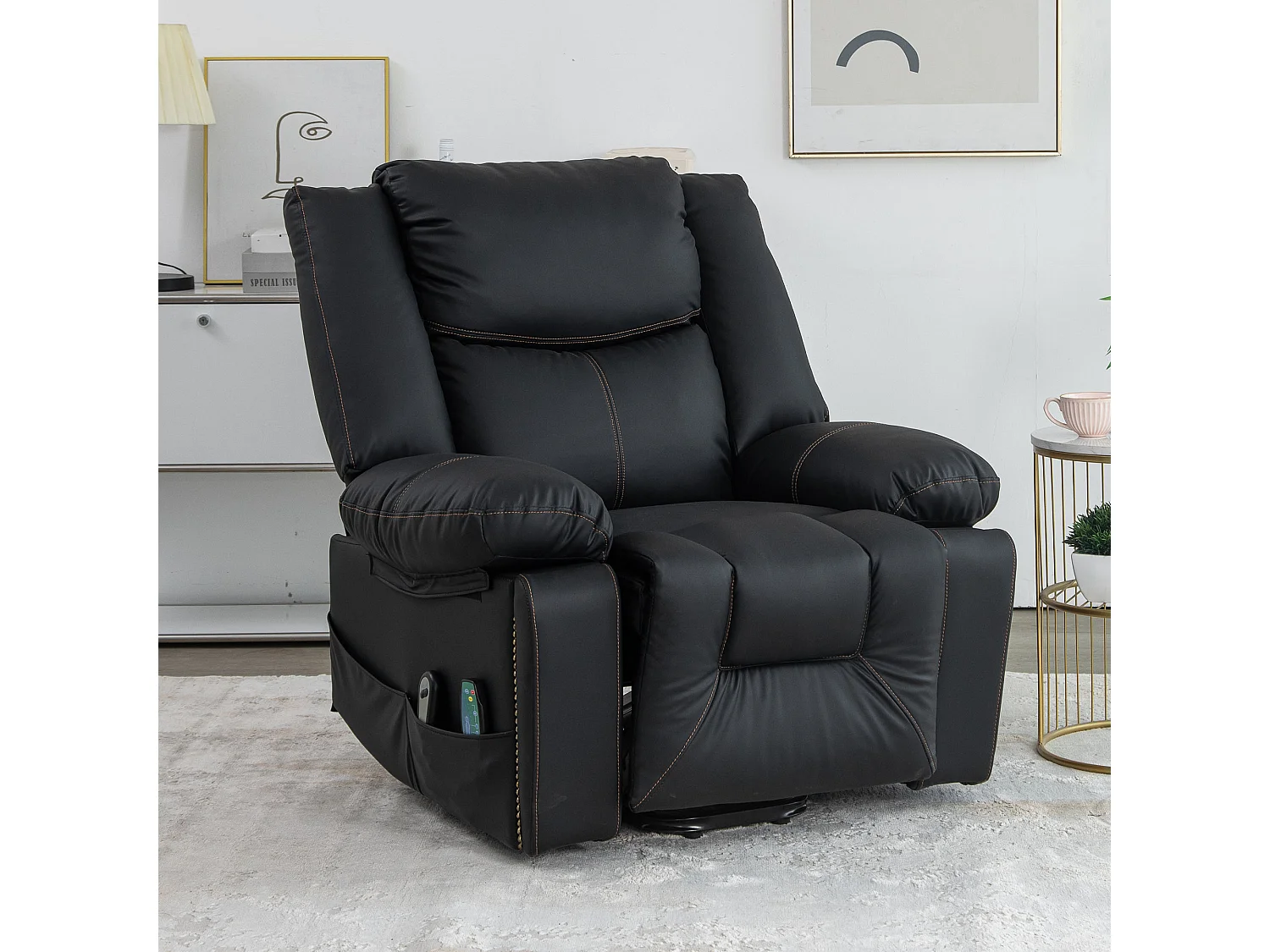 Cadeira de massagem elétrica confortável com 2 bolsos e 2 porta-copos - Massagem e Aquecimento - Couro PU - Preto