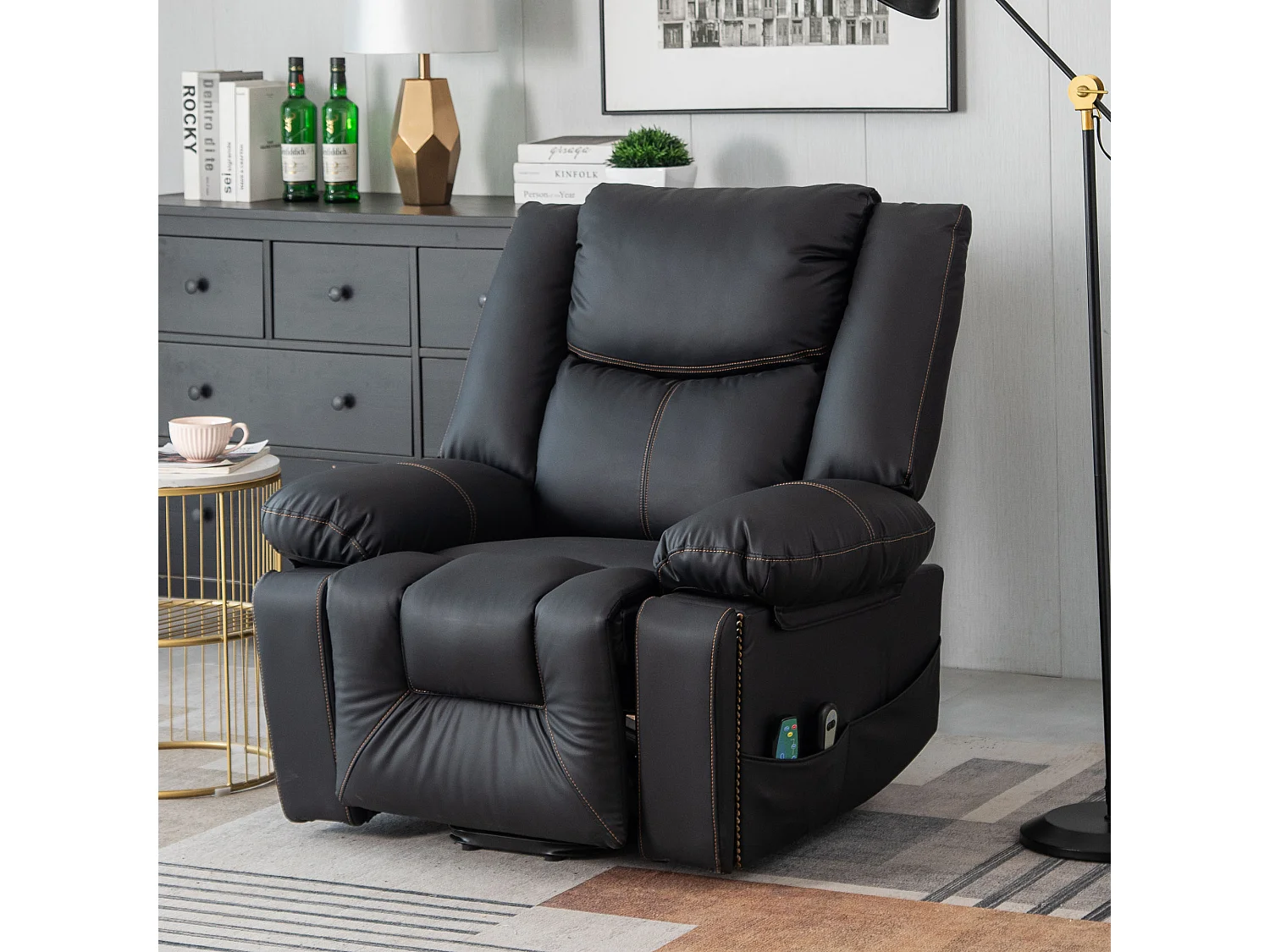 Cadeira de massagem elétrica confortável com 2 bolsos e 2 porta-copos - Massagem e Aquecimento - Couro PU - Preto