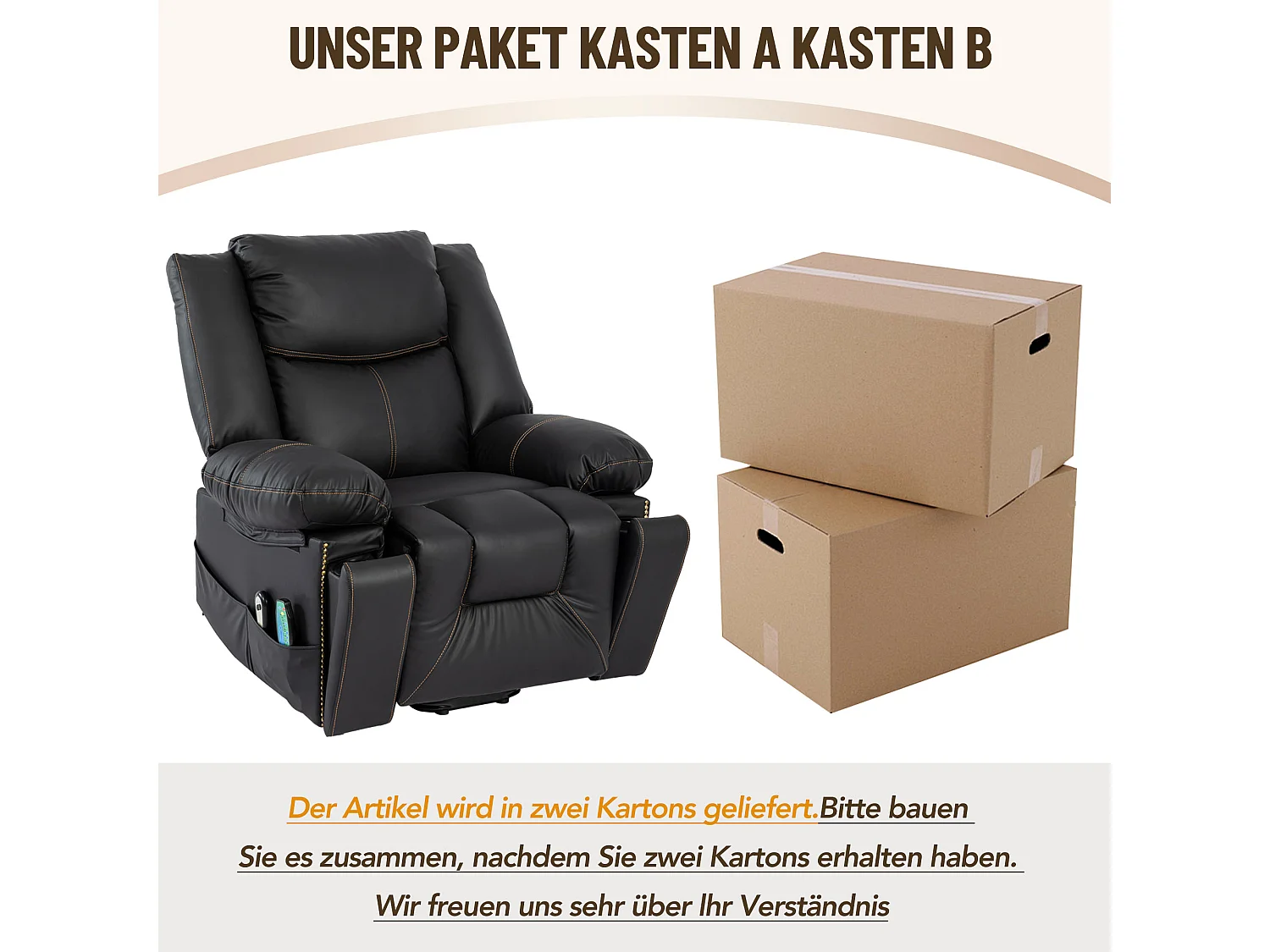 Cadeira de massagem elétrica confortável com 2 bolsos e 2 porta-copos - Massagem e Aquecimento - Couro PU - Preto