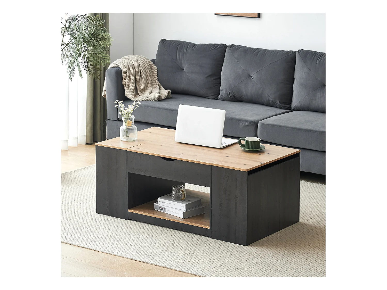Table basse relevable avec étagère - 109.5x59.7x43 cm - bois MDF - Gris + marron