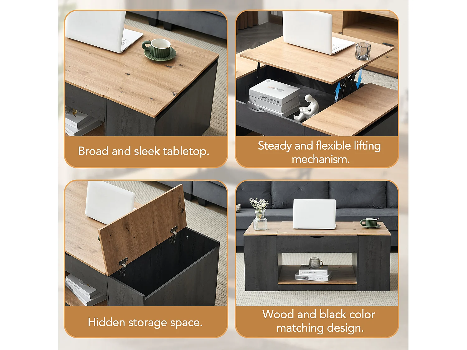 Mesa de centro elevable con estante - 109,5x59,7x43 cm - Madera MDF - Gris + marrón